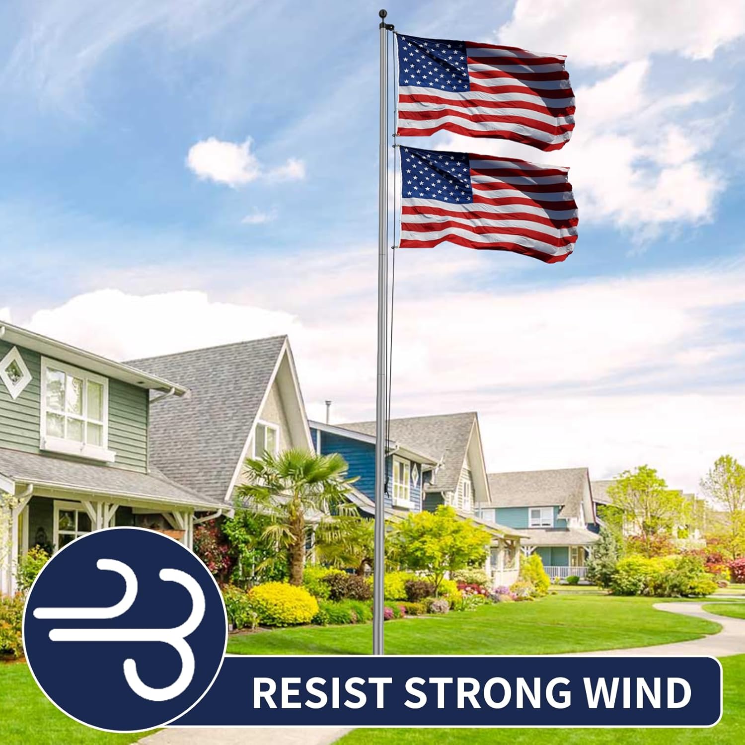 20FT Heavy Duty Flag Pole, 12-Gauge Aluminum, 100MPH Wind Tested | Extra Thick Residential & Commercial Flagpole Kit for Outside House – Includes USA Flag & All Hardware to Fly Two Flags
