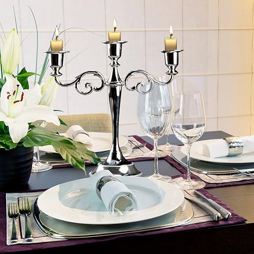 Miniatura 5 de ZJchao Portavelas de 3 brazos, 2 piezas de metal dorado plateado 3 ramas, candelabros de mesa estilo europeo para cena, boda, decoración del hogar