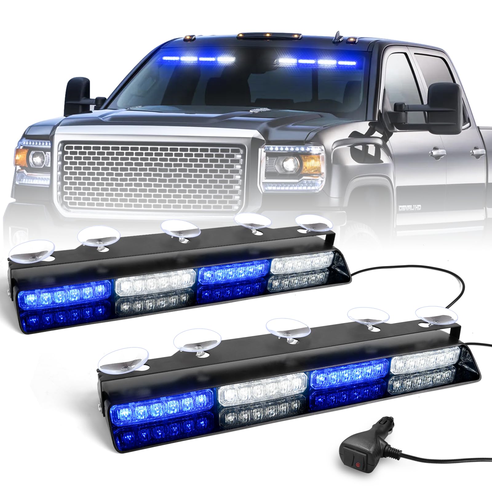 HLAUTO 6Z4J - Luces estroboscópicas de emergencia para salpicadero, luces de seguridad azules y blancas, 48 luces LED de advertencia para parabrisas de coche