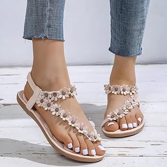 Womens Sandals, Women's Flower Sandals, Summer Flat Clip-Toe Sandals Strappy Retro Bohemian Sandals Wedding Travel Shoes