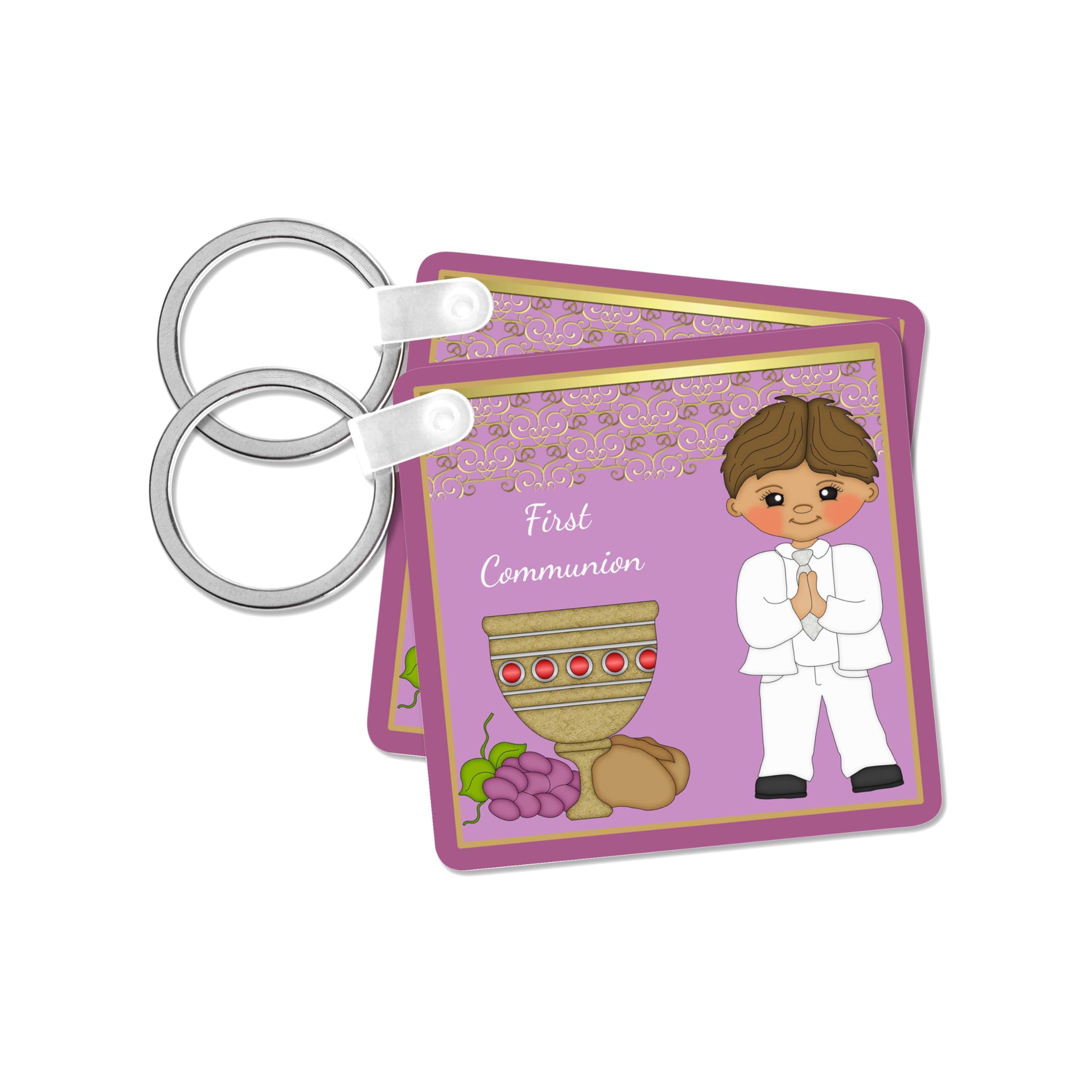 3dRose, First Communion Boy With Bread and Wine Purple, set of 2 Key Chains