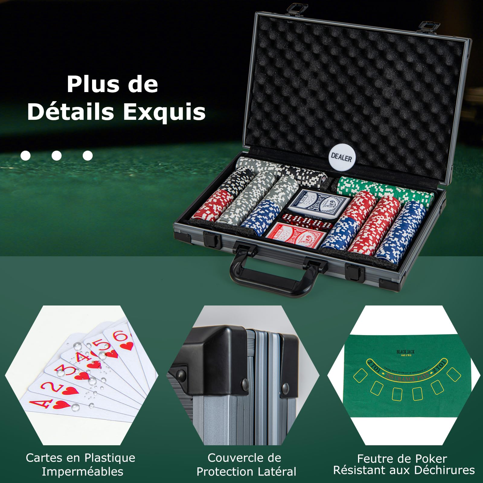 COSTWAY Mallette de Poker en Aluminium avec 400 Jetons & 2 Jeux de Cartes & 5 Dés, Coffret de Poker Verrouillable avec 1 Dealer & Tapis en Feutre & 2 Clés pour Casino Fête Soirée en Famille