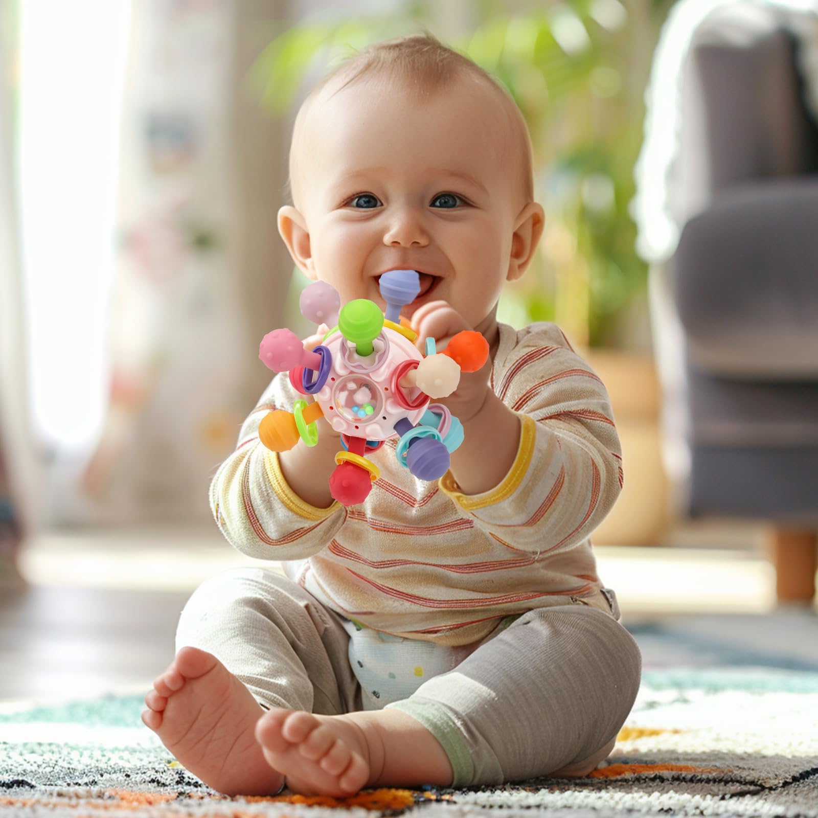 Baby Teething Toys, Baby Teethers Montessori Sensory Toys for 0-6 6-12 Months, Gifts for 1 Year Old Boys Girls Infant Newborn 0 3 6 9 12 18 Months Toys- Pink