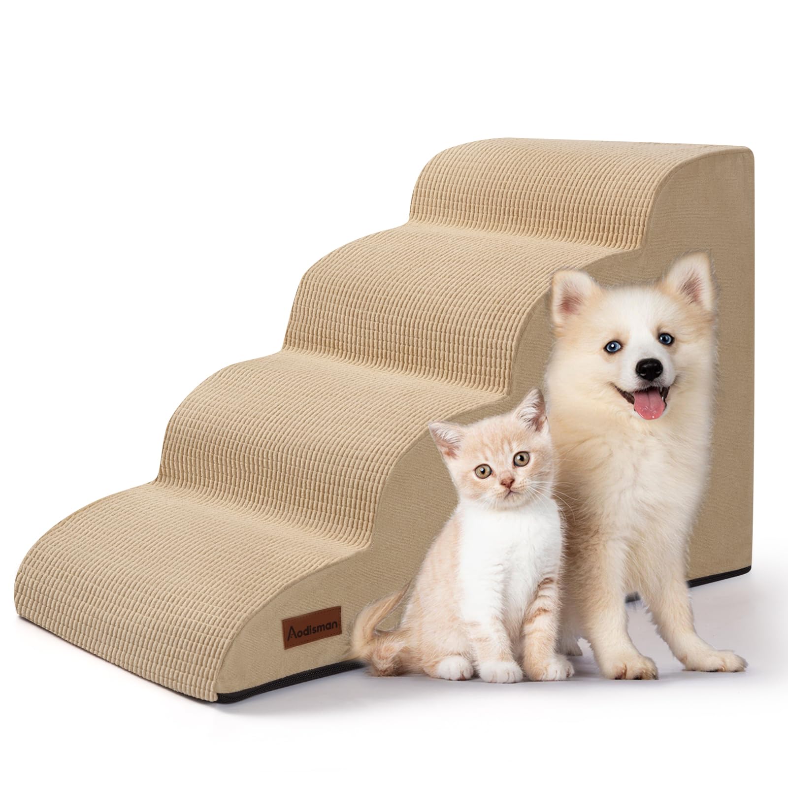 Photo 1 of Aodisman Dog Steps for Bed, 4-Step Dog Stairs Ramp for Small Dogs and Cats, Indoor Non-Slip Pet Stairs Suitable for Older, Short-Legged, and Puppy Dogs to Climb Onto High Beds and Couch, 17.4" H,Khaki