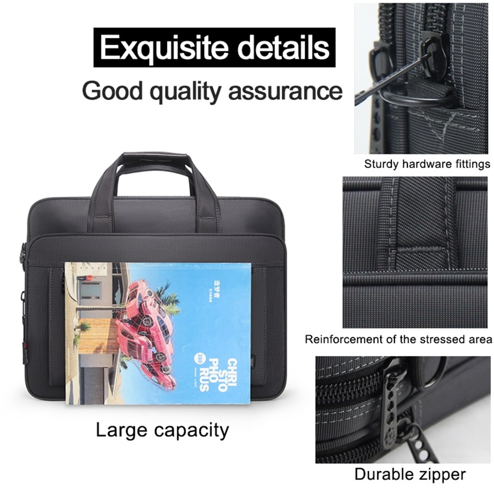 Borsa porta pc Grandi cartelle da uomo in tela, borsa tote, custodia for laptop 15,6 pollici, lavoro impermeabile, a tracolla, messenger Oxford, nero