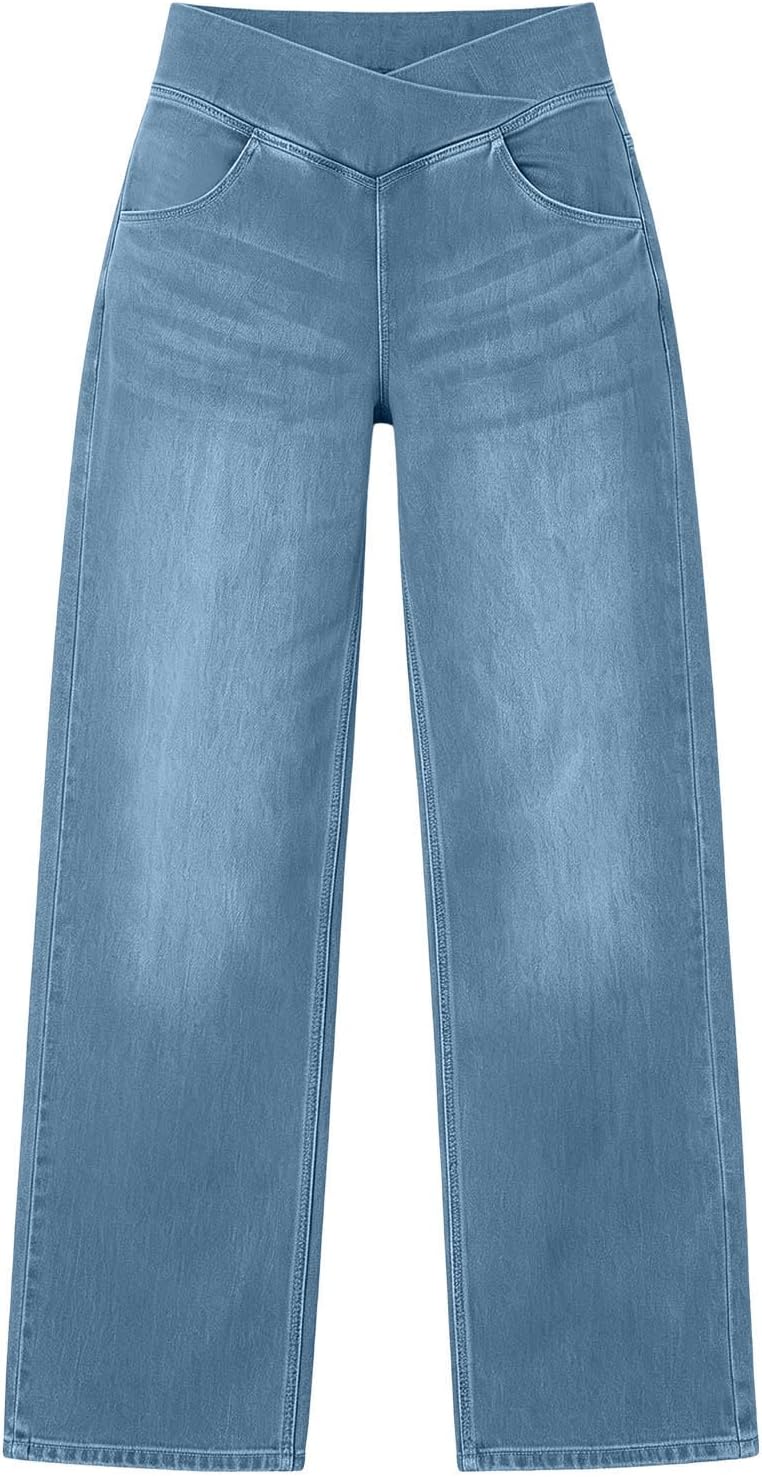 Womens Crossover High Waist Wide Leg Jeans Slim Fitted Denim Pants