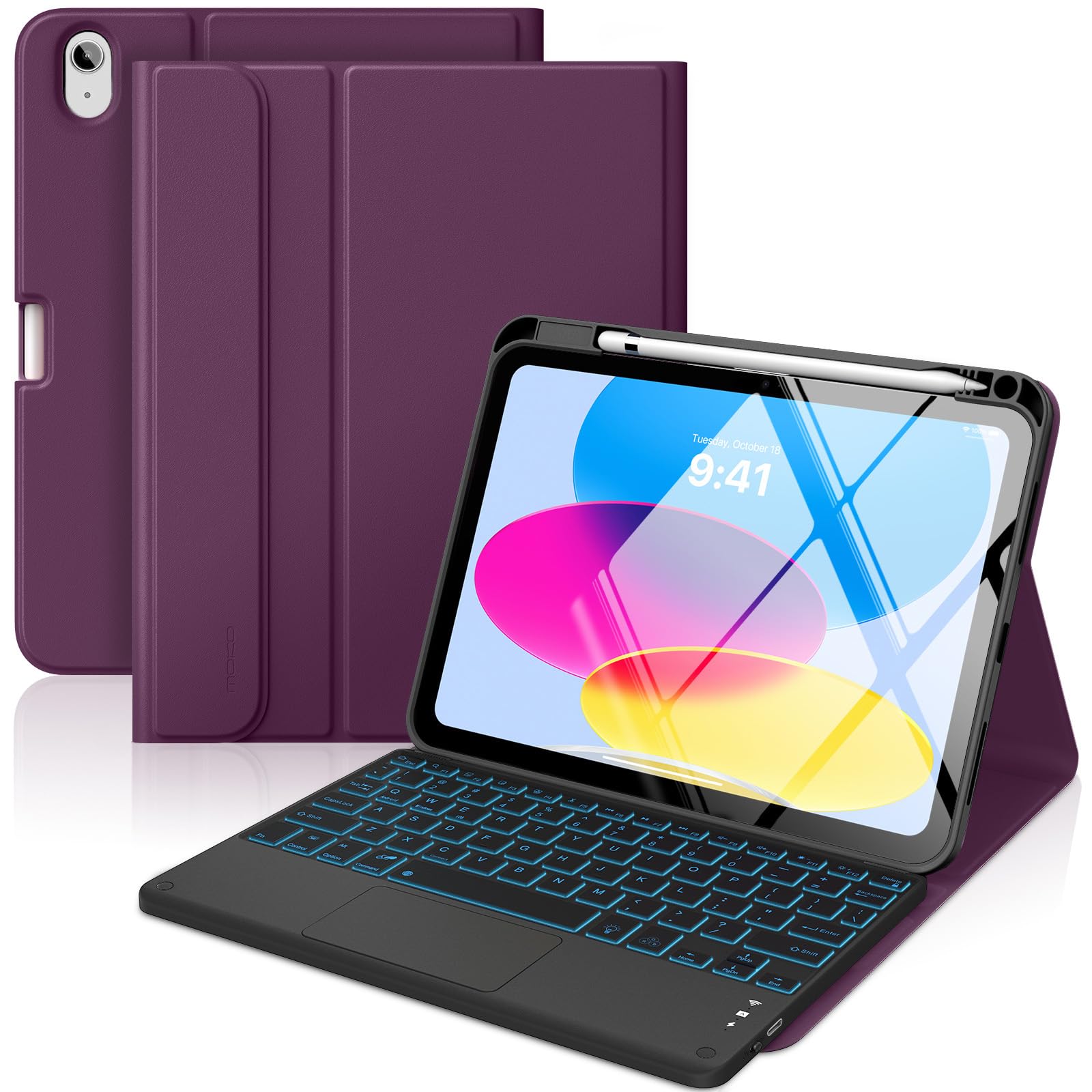 MoKo Touch Keyboard Case for iPad (A16) 11th/10th Gen,Viola | 7 Colors Backlit, Multi-TrackPad, with Pencil Holder, Auto Wake/Sleep, Compatible with iPad 11 inch 2025, iPad 10.9 inch 2020