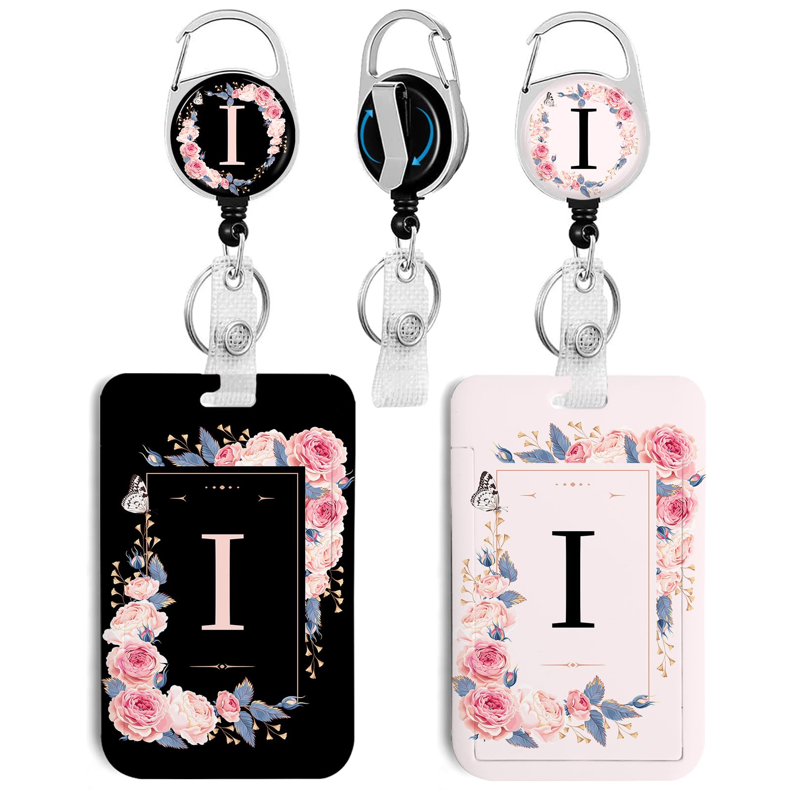 2 Pack A-Z Letter ID Badge Holder with Clip Badge Reels Retractable Heavy Duty,Keychain，ID Holder for School Nurse Office I