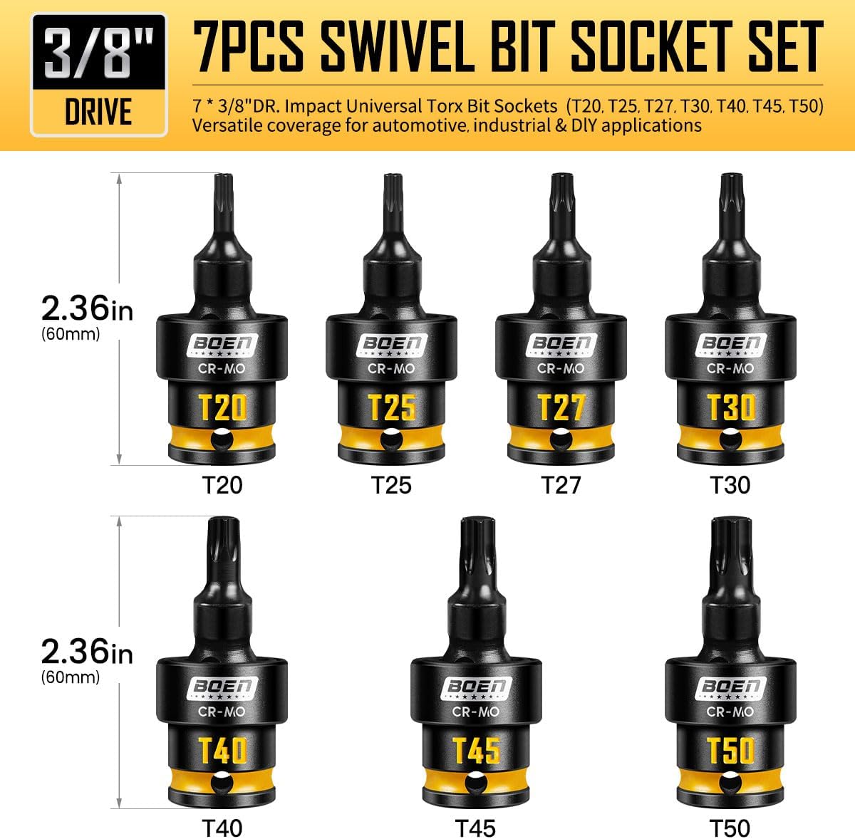 boen 3/8" Drive Universal Torx Bit Socket Set, 7PCS Impact Swivel Star Bit Sockets (T20-T50), 360° Rotation Flexible Wobble Torx Bit Driver Socket Set, Yellow Embossed Marking, CR-MO Steel