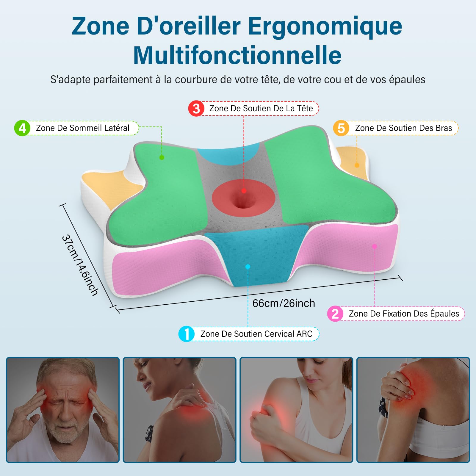 Oreiller Ergonomique Cervical Mémoire Forme, 66x37x12/9cm