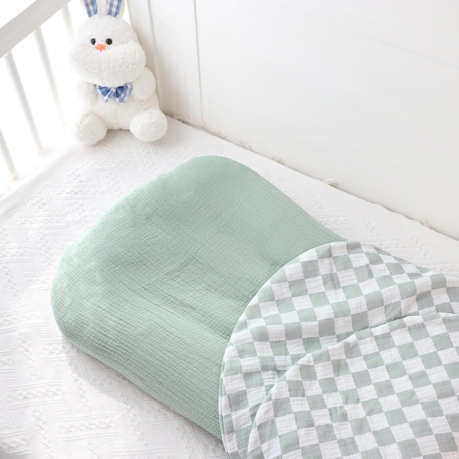 DILIMI Baby Lounger Covers, 2 Pack Muslin Newborn Lounger Cover, Soft Comfortable Removable Infant Pillow Slipcover for Girl and Boy, Green Checkered (Lounger not Included)