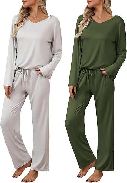 Ekouaer Womens 2 Pack Pajama Set Long Sleeve Pajamas Top and Pants V Neck Pjs Set Soft Loungewear with Pockets