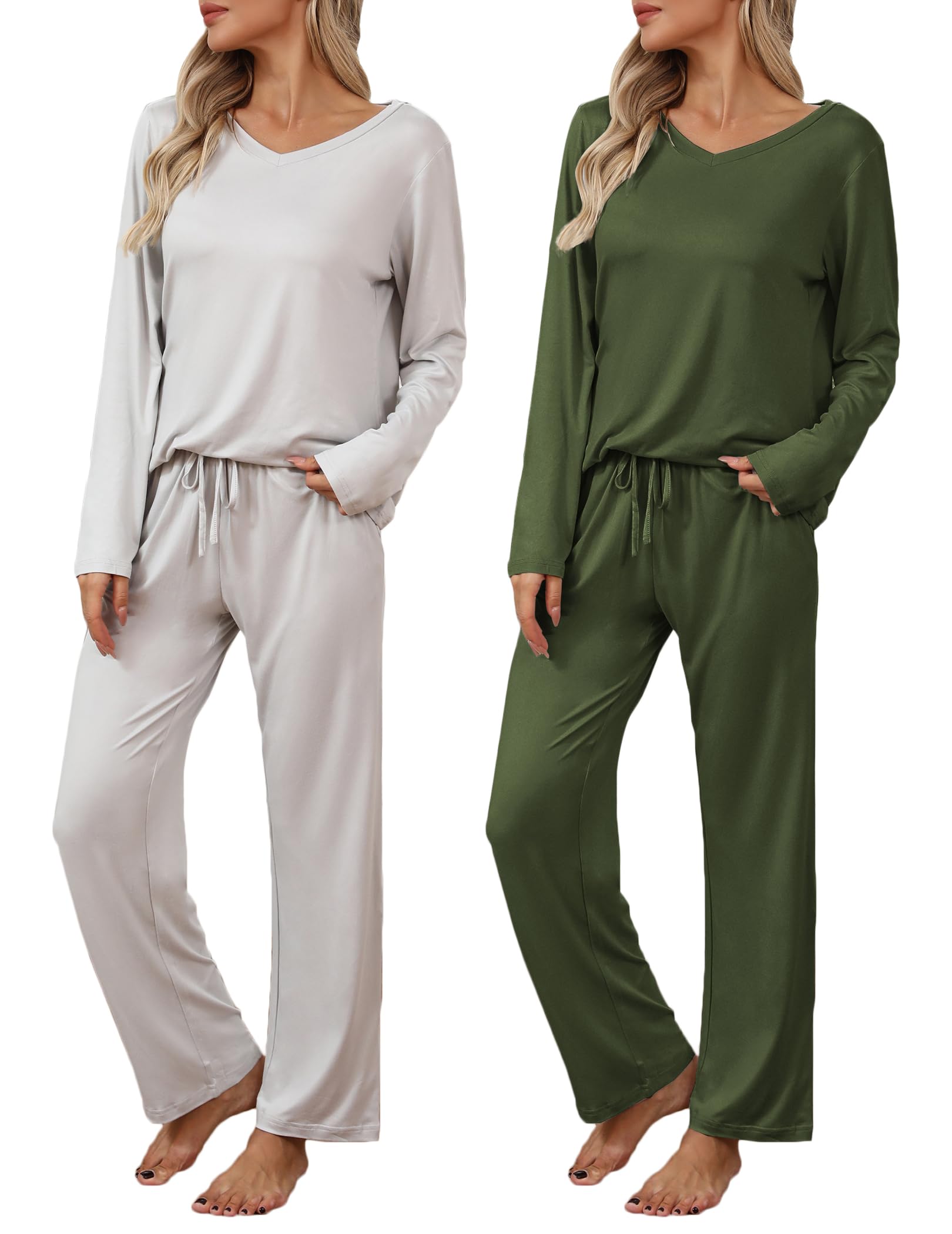 Ekouaer Womens 2 Pack Pajama Set Long Sleeve Pajamas Top and Pants V Neck Pjs Set Soft Loungewear with Pockets