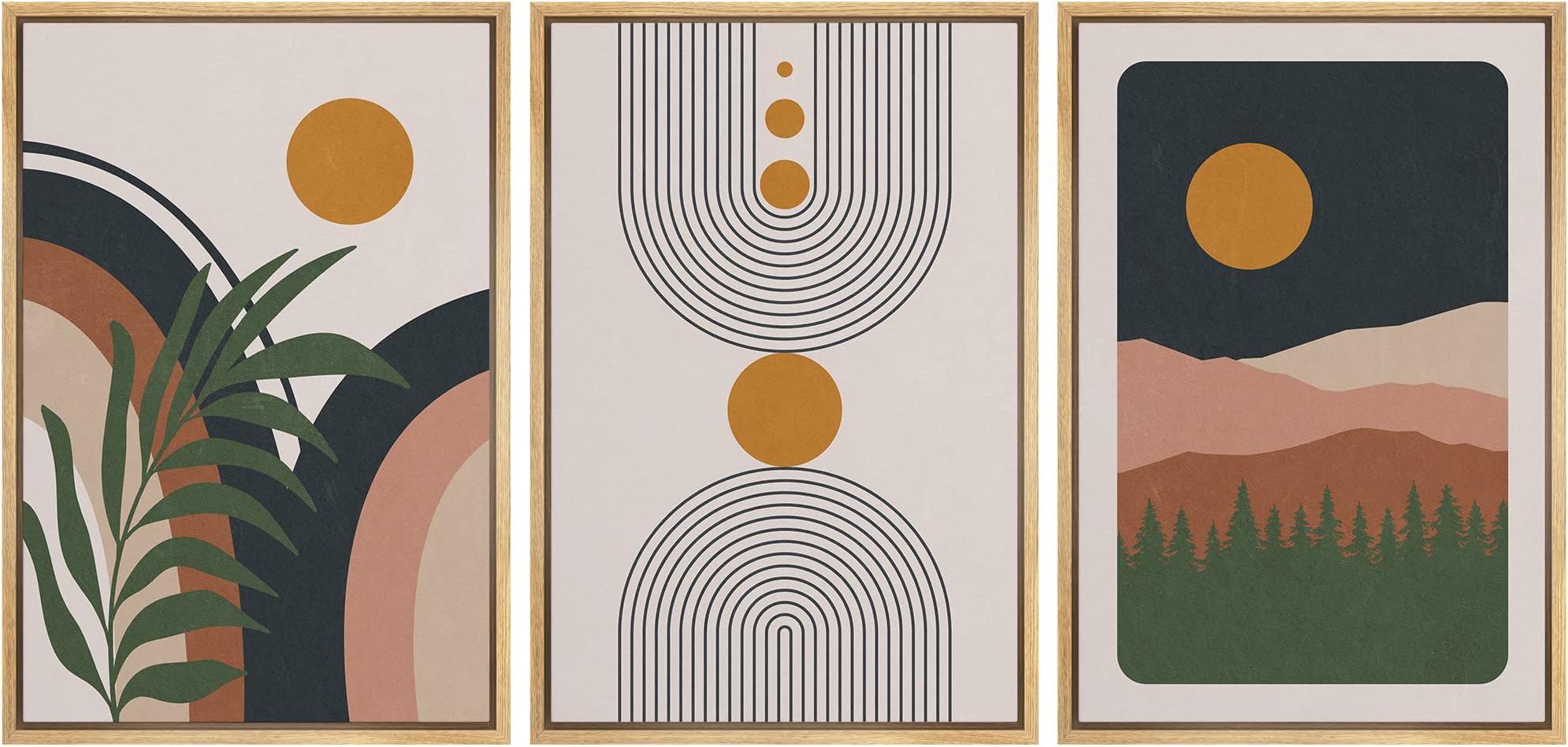 wall26 Framed Canvas Print Wall Art Set Boho Geometric Mid-Century Plant Planet Landscape Nature Abstract Illustrations Modern Bohemian Decorative for Living Room, Bedroom, Office - 16"x24"x3 Natural