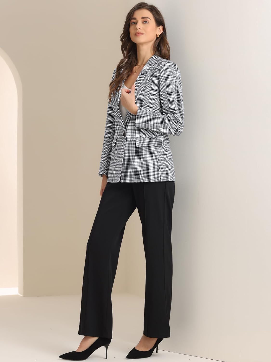 Allegra K Women's Notched Lapel One Button Boyfriend Blazer Suit Houndstooth Work Office Blazers Jacket