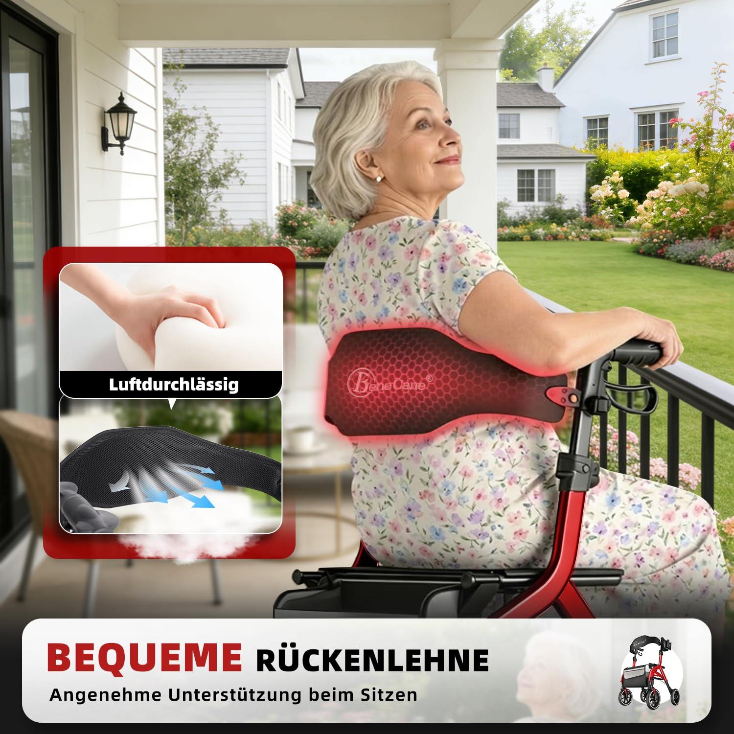 BeneCane Rollatoren Outdoor, Rollator Faltbar und Leicht mit Sitz, Aufstehhilfe, Gehhilfe für Senioren, Leicht Klappbar, Höhenverstellbar, Reiserollator mit Sitzfläche, Rückengurt, Tasche, Gehwagen