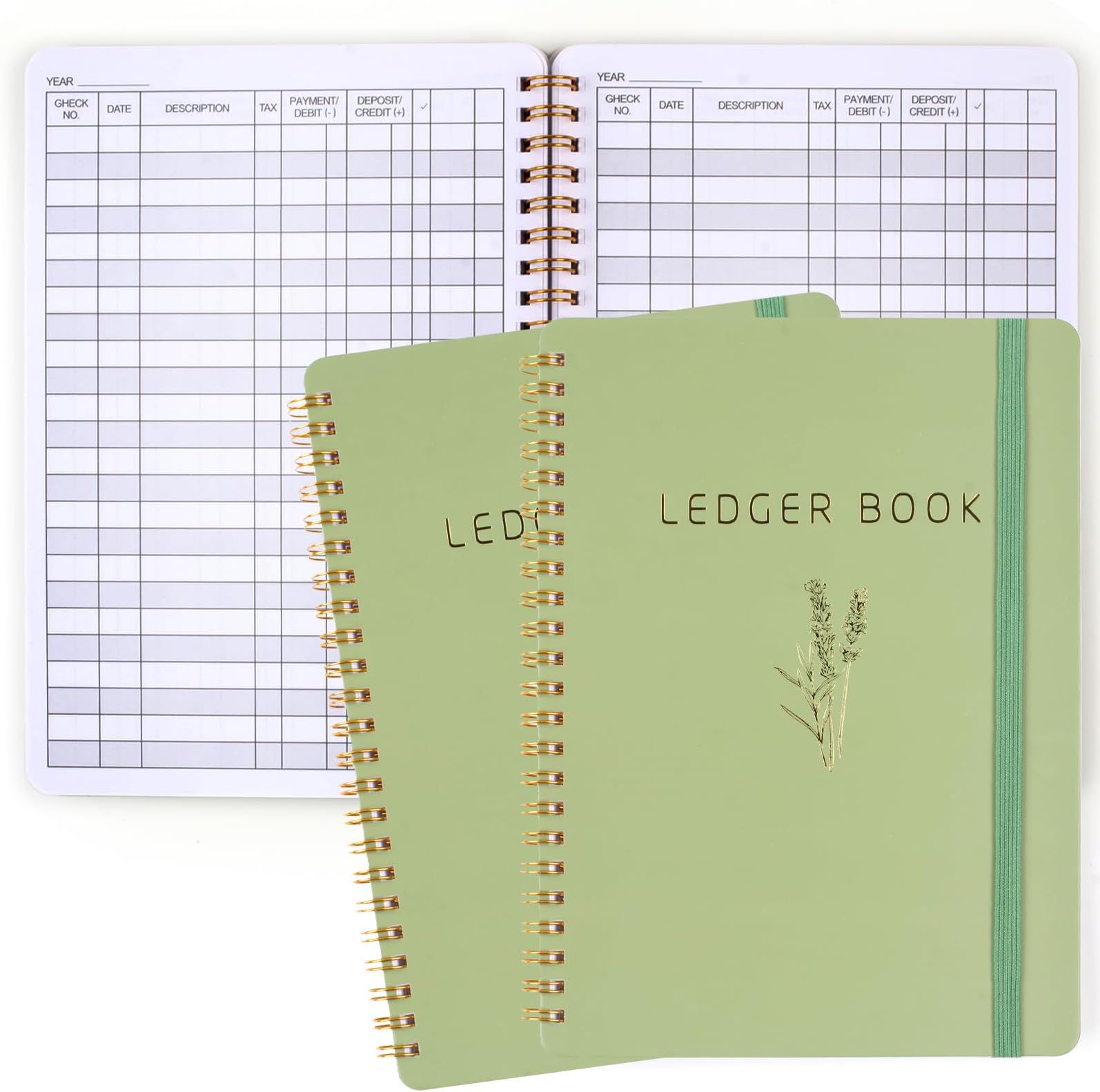 UtronBudget Book, 2PCS Ledger Book, 5.8" x 8.3" Beige Accounting Ledger Book, Spiral Design Ledger Book for Business or Personal Bookkeeping, Tracking Money in and Out (Green)