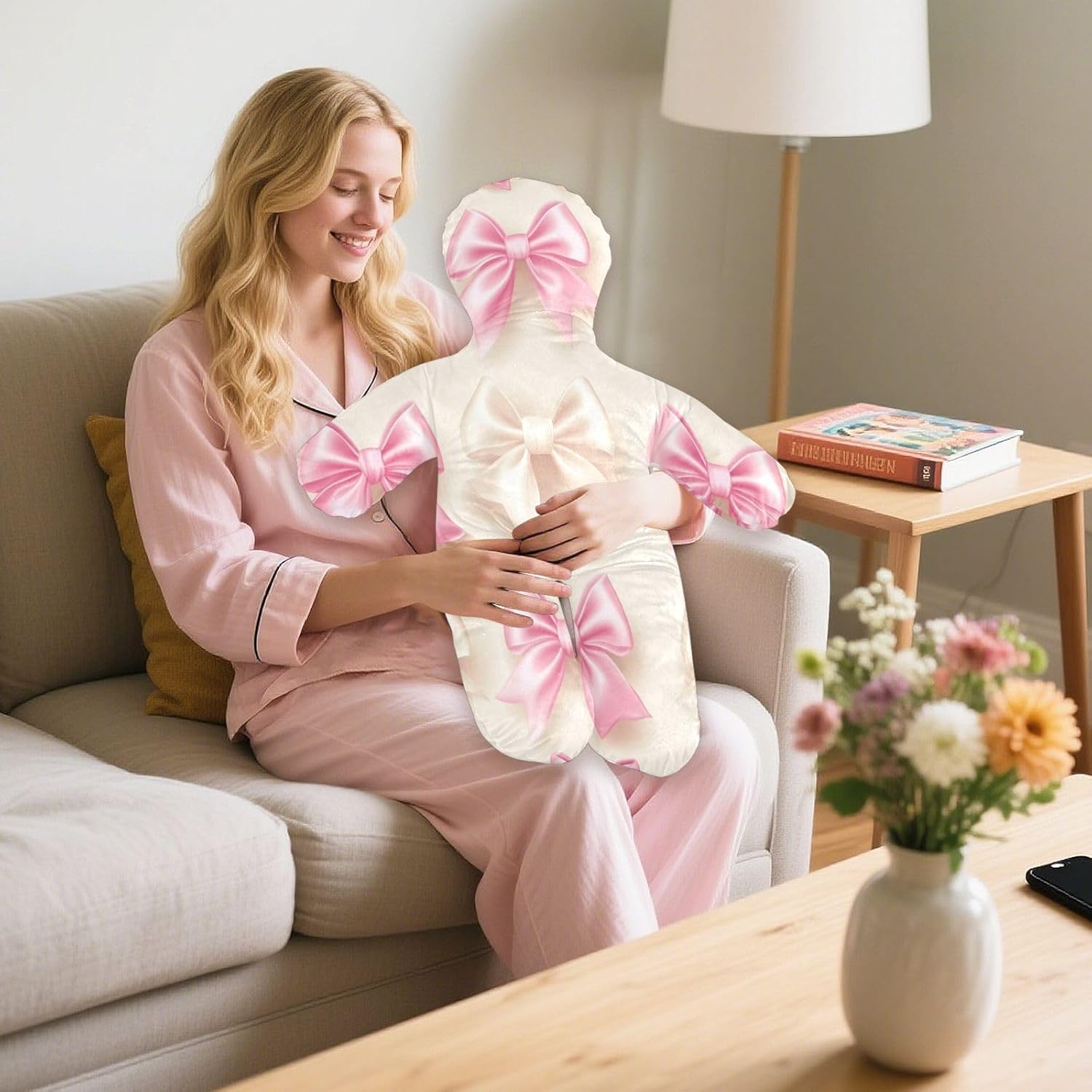 Pink Cream Bow Human-Shaped Pillow Soft Body Pillows Washable Velvet Pillows for Anxiety Relief Sleeping Cuddling & Support