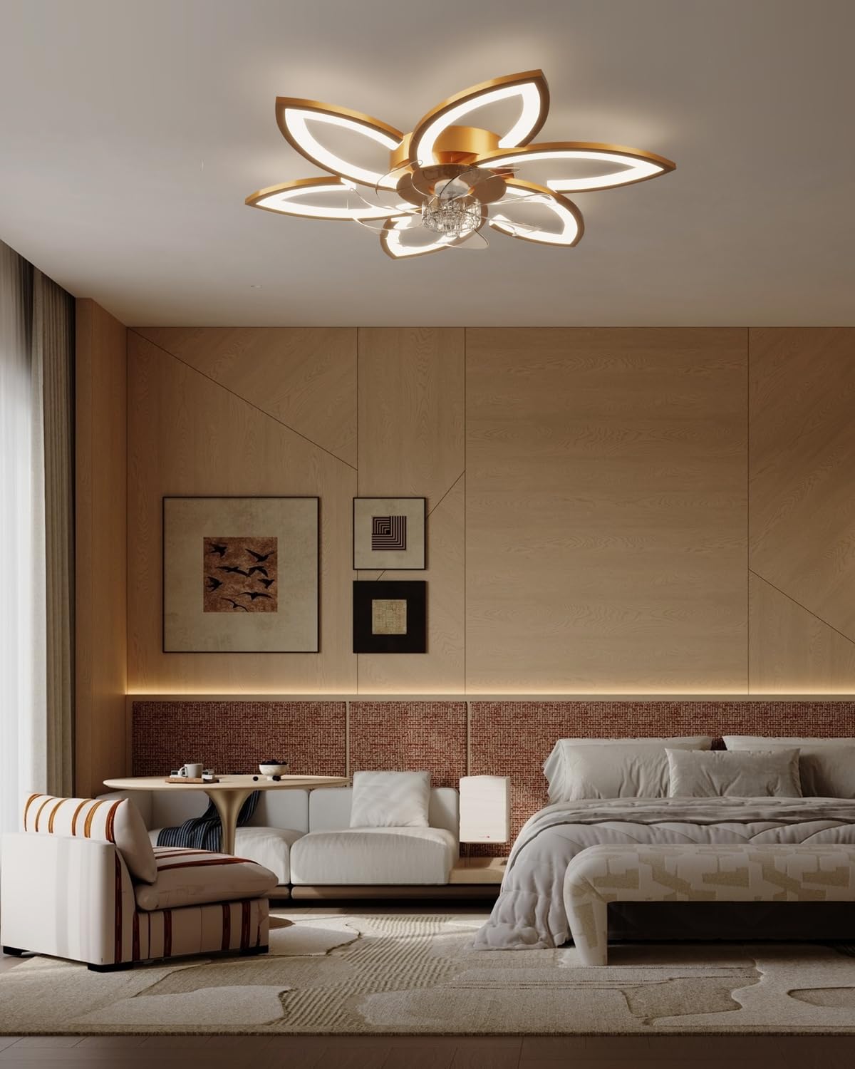Inteligente Lampara de Techo con Ventilador y Mando a Distancia y Control por Alexa, No Requiere WiFi, Ventilador de Techo con Luz Silencioso, Diseño Floral Moderno, para Dormitorio, Salón, Dorado