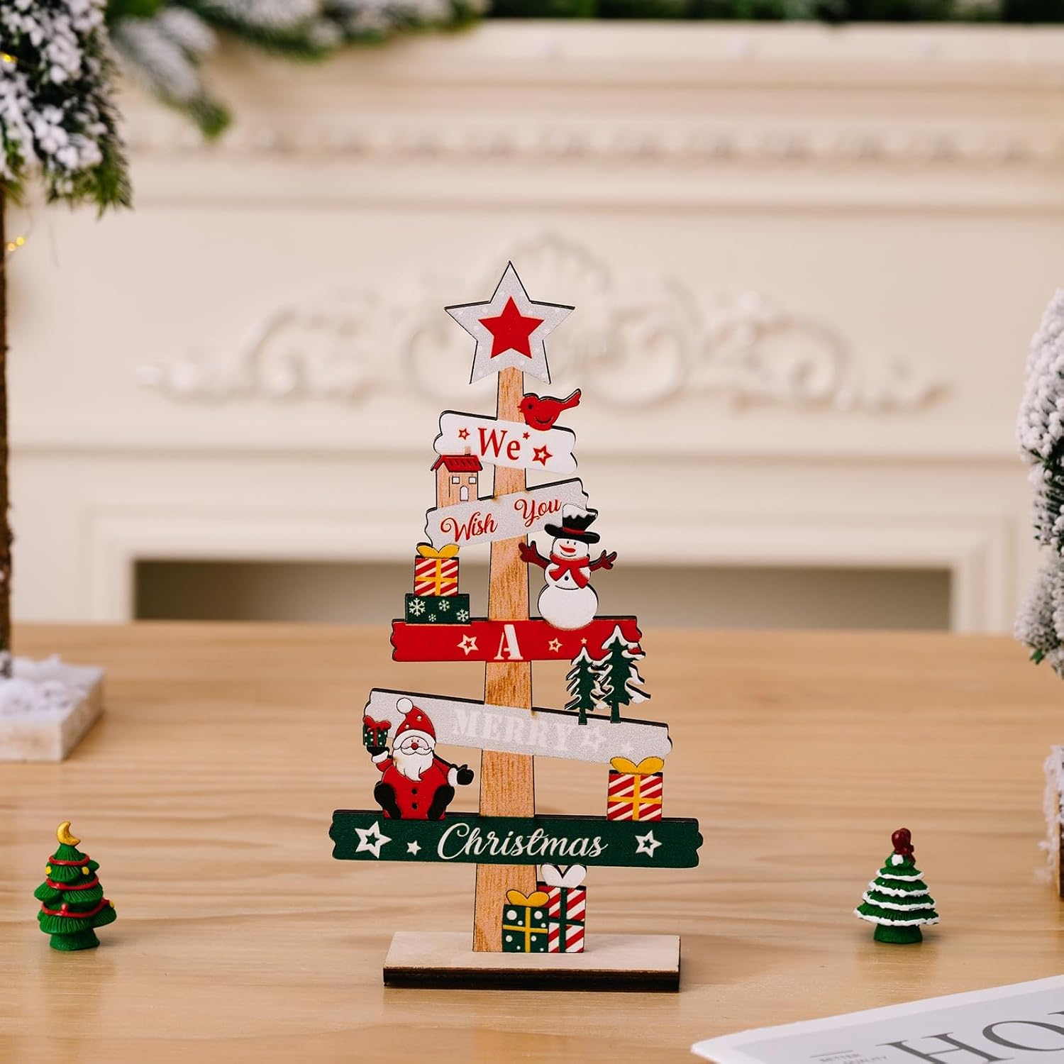 Christmas Tree Table Decor, Collectible Christmas Figurine with Santa, Snowman & Gift Accents, Tabletop Centerpiece for Xmas Holiday Home Decoration