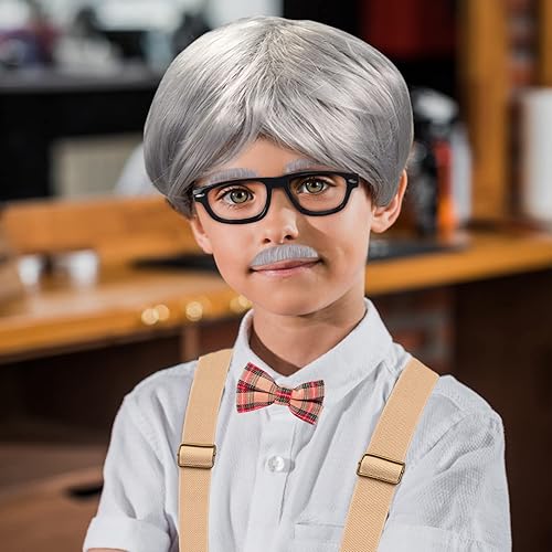 Miniatura 5 de Yewong Disfraz de anciano para niños, peluca de abuelo para 100 días de escuela, Halloween