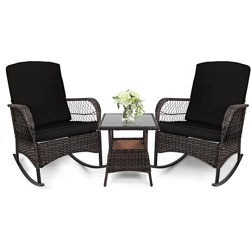LEVELEVE 3 pcs Rocking Bistro Set Conversation Chairs PE Wicker Outdoor Rocking Chairs(Rocking Set,Black)