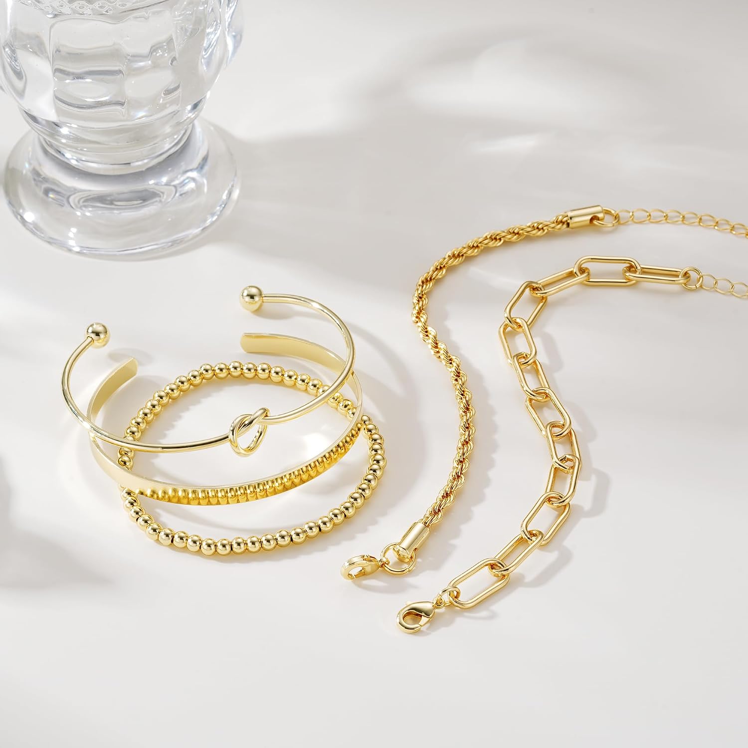 Turandoss Gold Bracelets Stack for Women Non Tarnish - 14k Gold Plated Chunky Stackable Bracelet for Women Trendy Tie Knot Paperclip Beaded Twist Chain Charm Bracelet Set Jewelry Gifts
