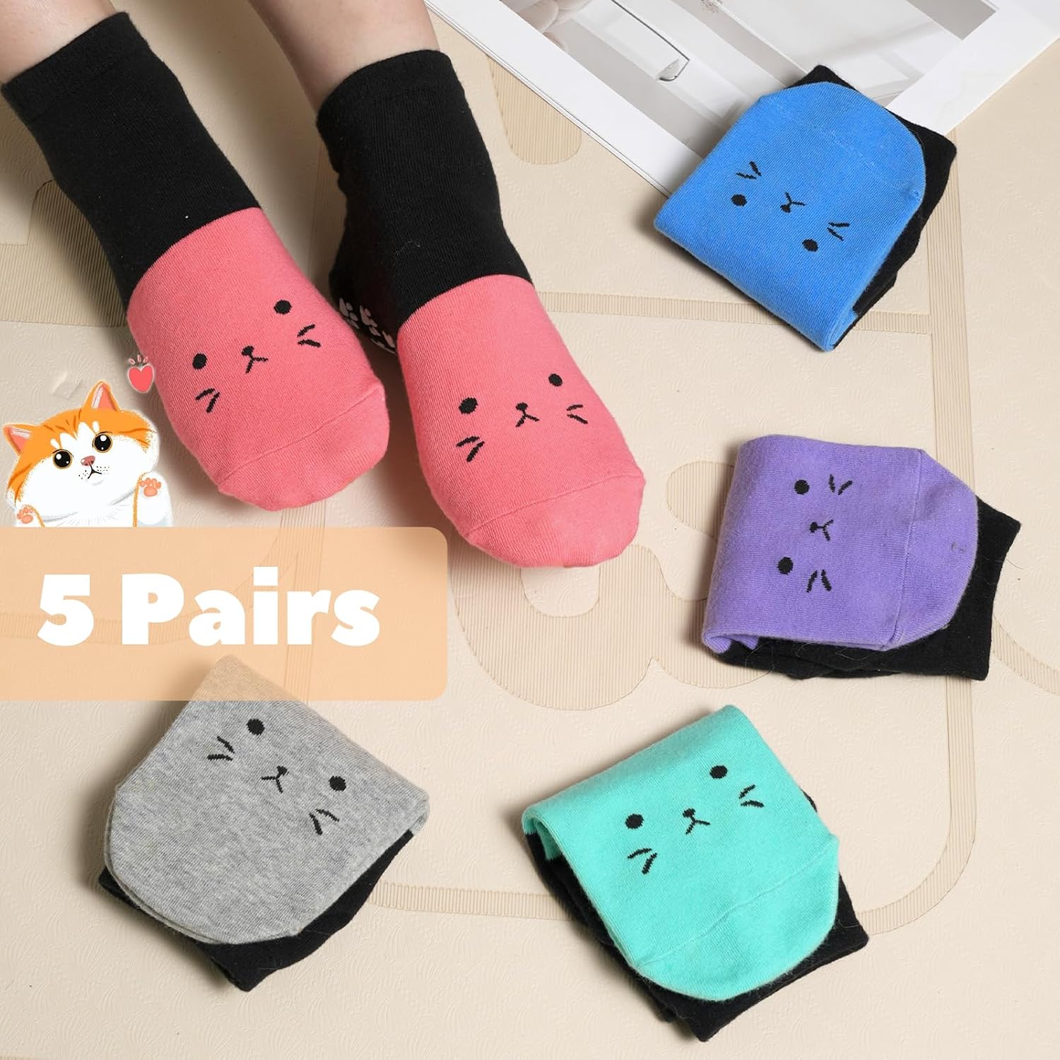 Non Slip Grippy Socks for Women Girls 5 Pack Cute Cat Grip Socks Pilates Slippers Footies for Yoga Barre Hospital