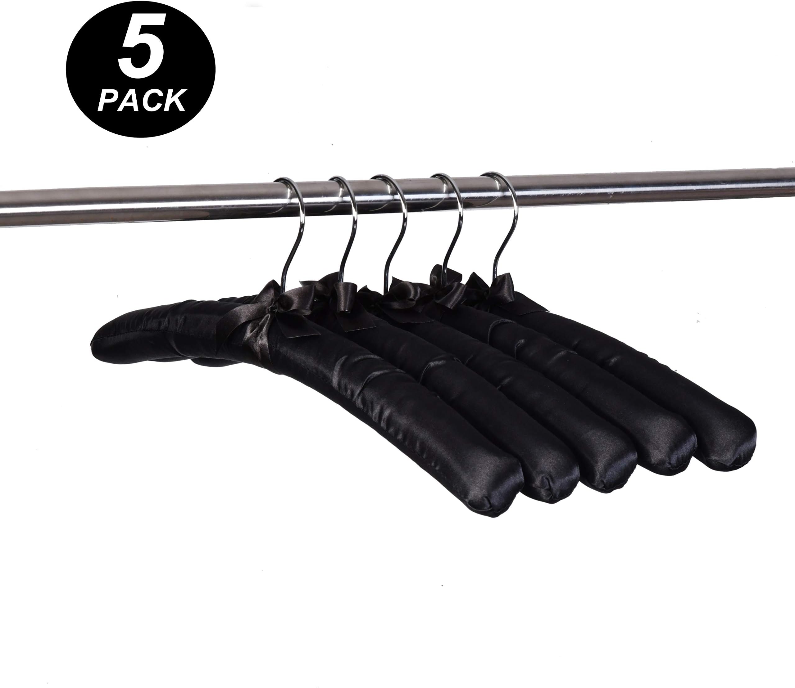 Amber Home5 Pack 17 Inch Large Black Satin Padded Hangers for Women Clothing, Anti Slip Cushioned for Sweaters, Silk Fancy Dress for Wedding, Delicate Cashmere (Black)