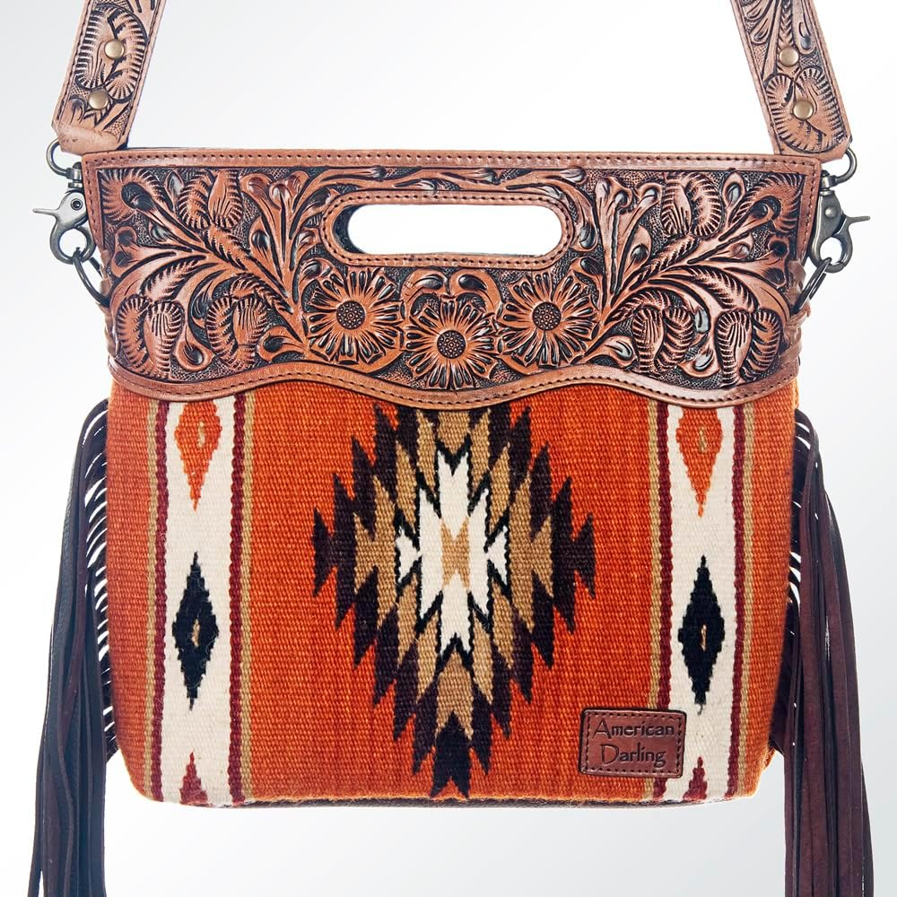 American Darling Signature Cross Body Bag Hand Tooled Floral Carved Saddle Blanket Leather Western Bag with Fringes