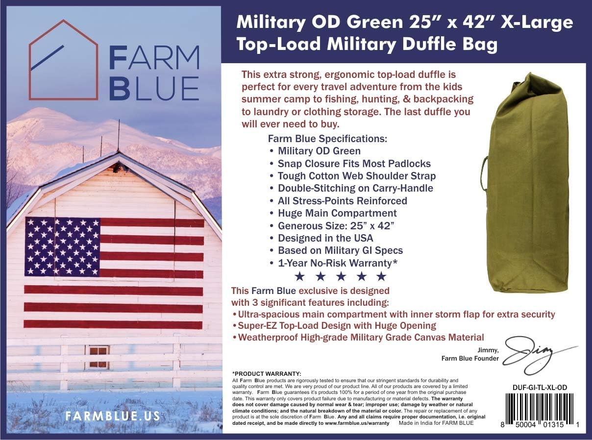 Farm Blue Top Load Duffle Bag -Extra Large Military OD Duffel Bags - Heavy Duty Army Grade Cotton Canvas Duffle Bags For Men, Women & Kids - XL Front Loading Tactical Gear Sack – 25” x 42" -Olive Drab - Image 10