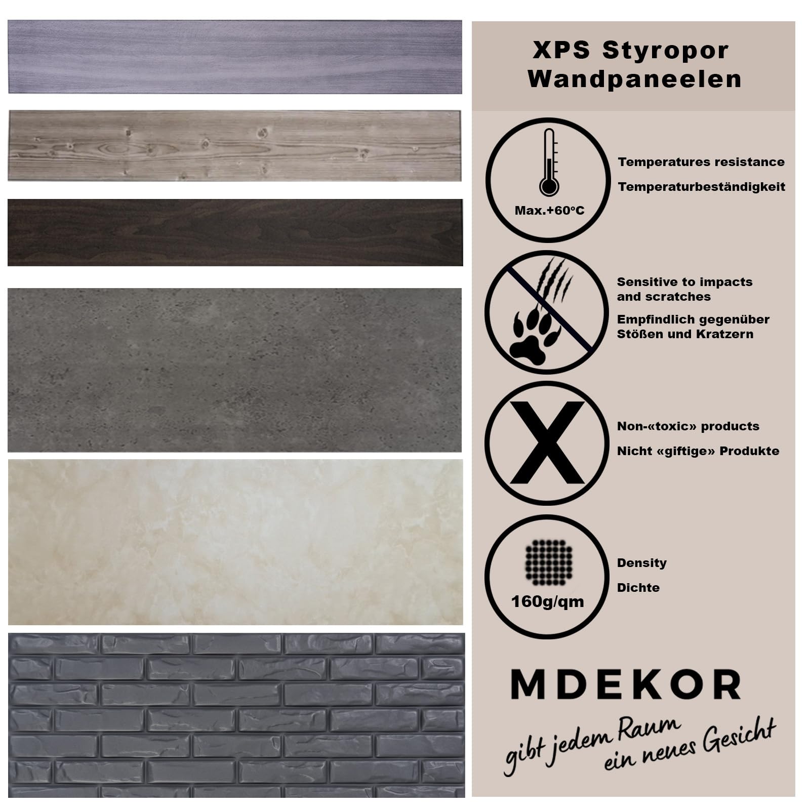 MDEKOR Paneles de pared de hormigón 50 x 100 cm | XPS 3D revestimiento de pared en aspecto de hormigón | 8 unidades = 4 m² Gray Light | paneles de 4,5 mm de grosor | placas decorativas de poliestireno