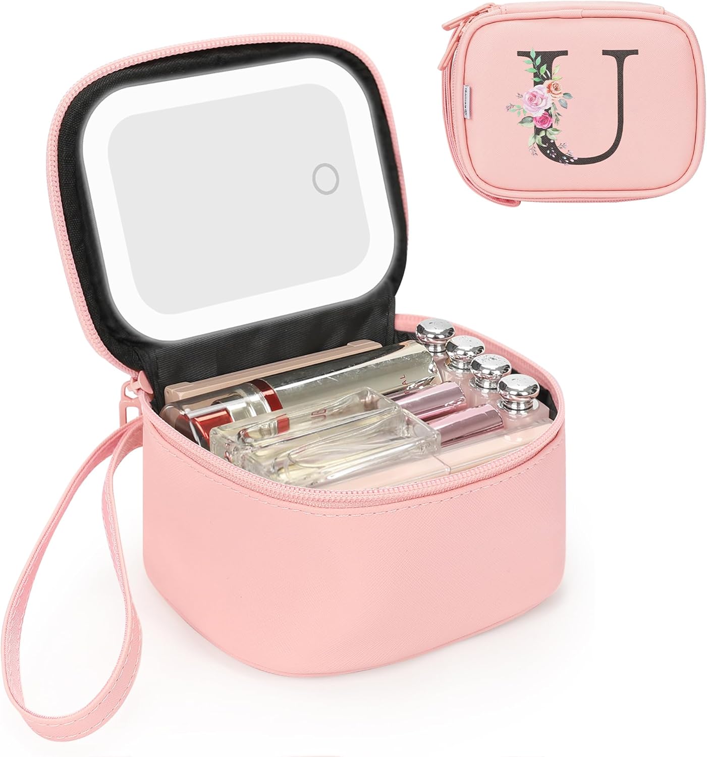Relavel Easter Basket Stuffers for Kids Teen Girls Women, Initial Mini Make Bag with Led Mirror, Rechargeable Pink Cosmetic Bags with 3 Lighting Modes, Preppy Make Up Pouch for Trip - Pink U