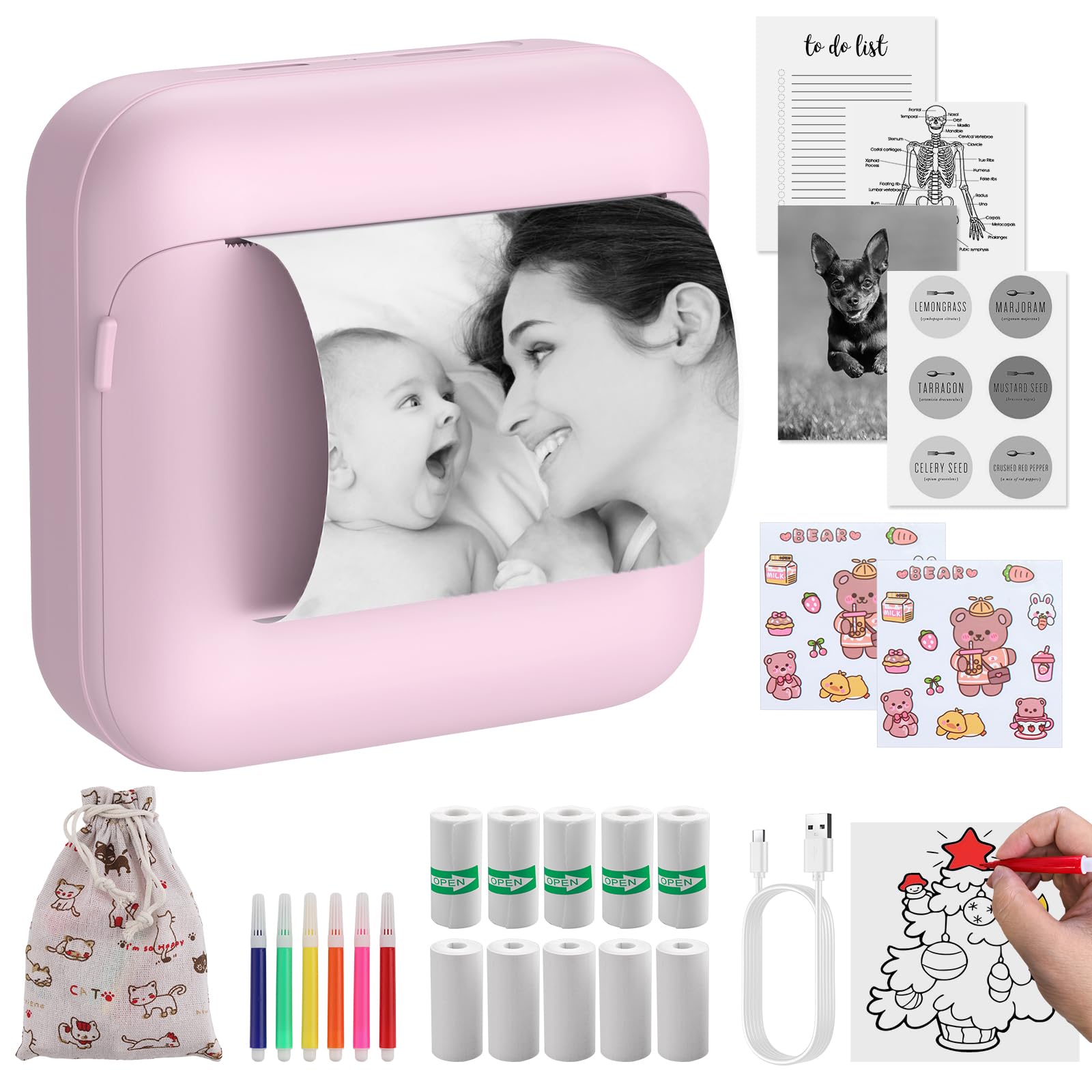 eSynic Portable Mini Thermal Printer with 10 Rolls Of Thermal Paper Pocket Mini Phone Printer with Watercolor & Storage Bag for Android IOS Kid Sticker Machine for Photo, Journal, Study Note, Travel
