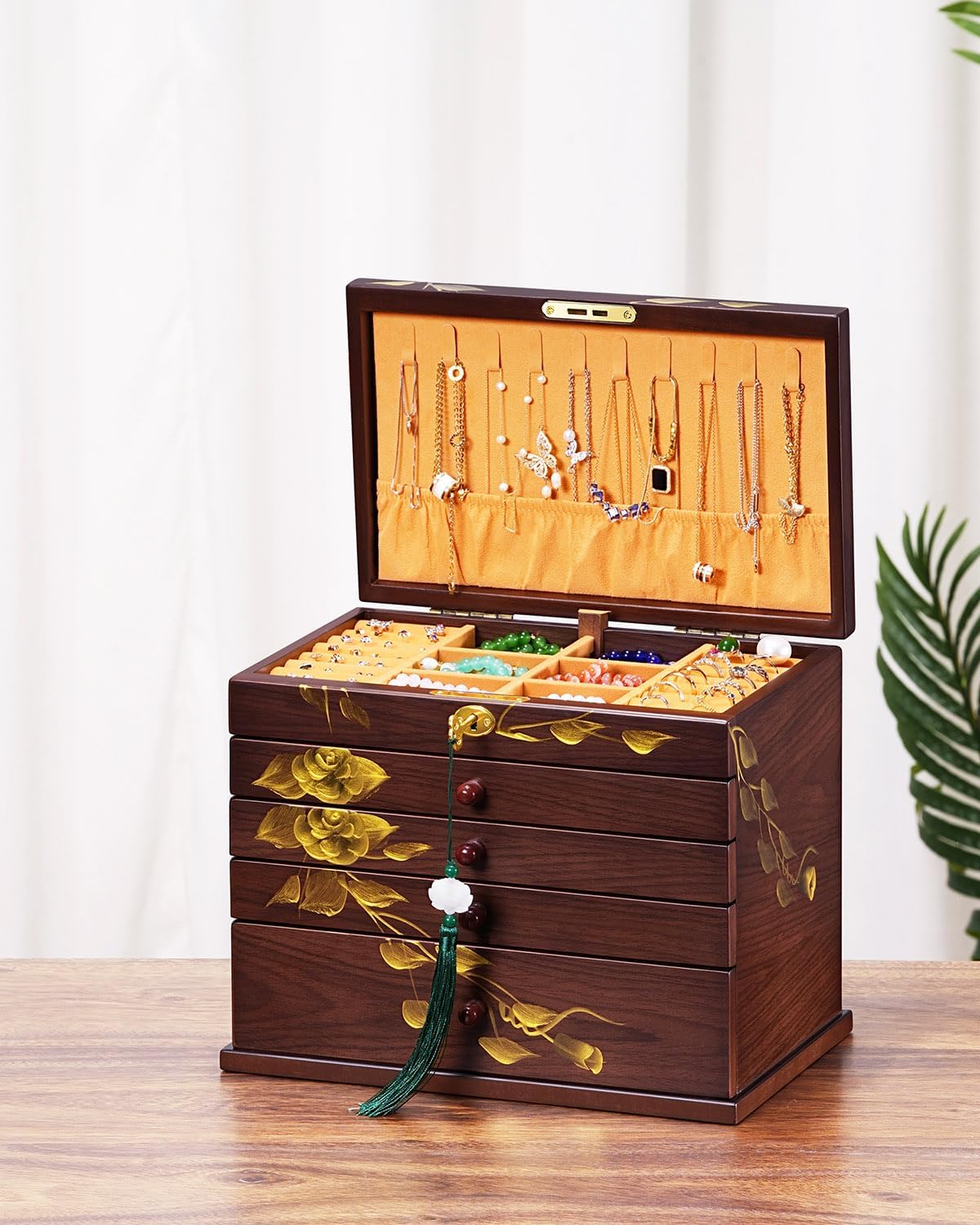 Hand-drawn rose Jewelry Box Wood for Wowen,6-Layer Wooden Jewelry Organizer Boxes with 4 Drawers dresser, Vintage Multi-functional Jewelry Storage Case with lock - Image 5