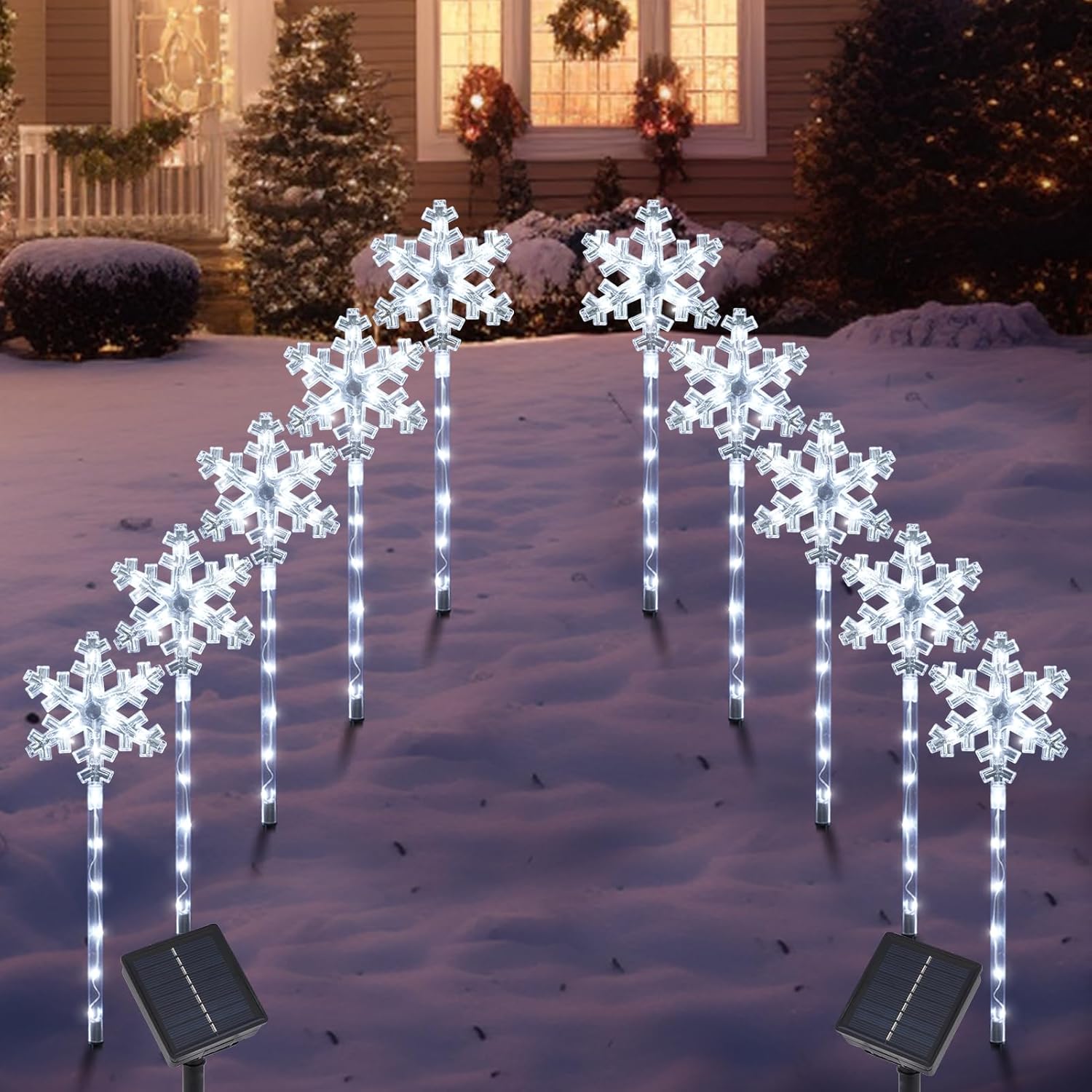 BRIGHTDECK Solar Christmas Snowflake Pathway Lights, Set of 5 Outdoor Garden Lights Decorations，Waterproof Stake Decorative Light for Yard Lawn Porch Walkway Decor (Cool White, 10 Pack)