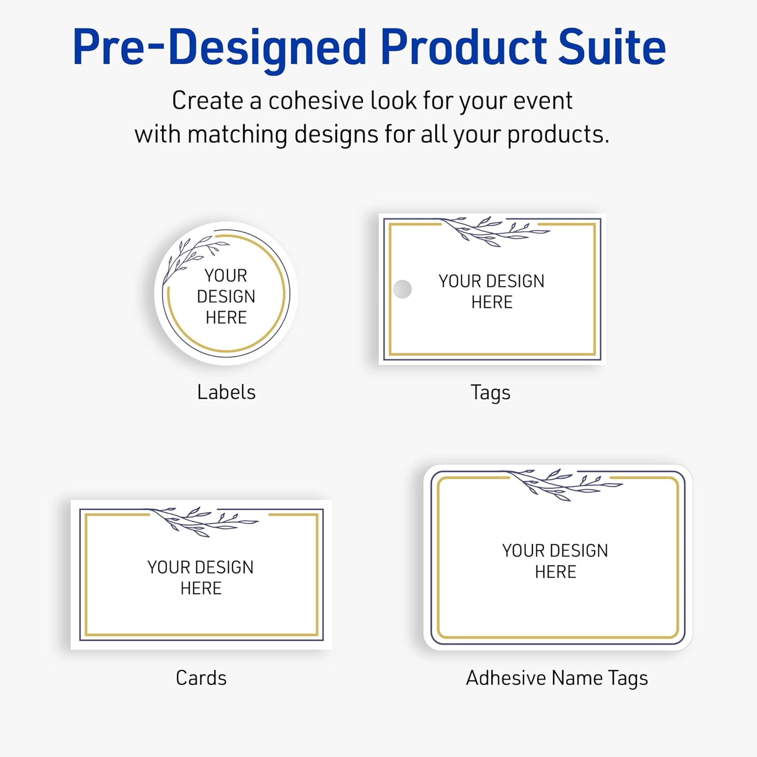 Avery Printable Round Labels with Sure Feed, 2" Diameter, Glossy White with Gold & Navy Border Florals Design, Permanent Adhesive, Laser & Inkjet Compatible, 120 Total, Great for Branding and Weddings