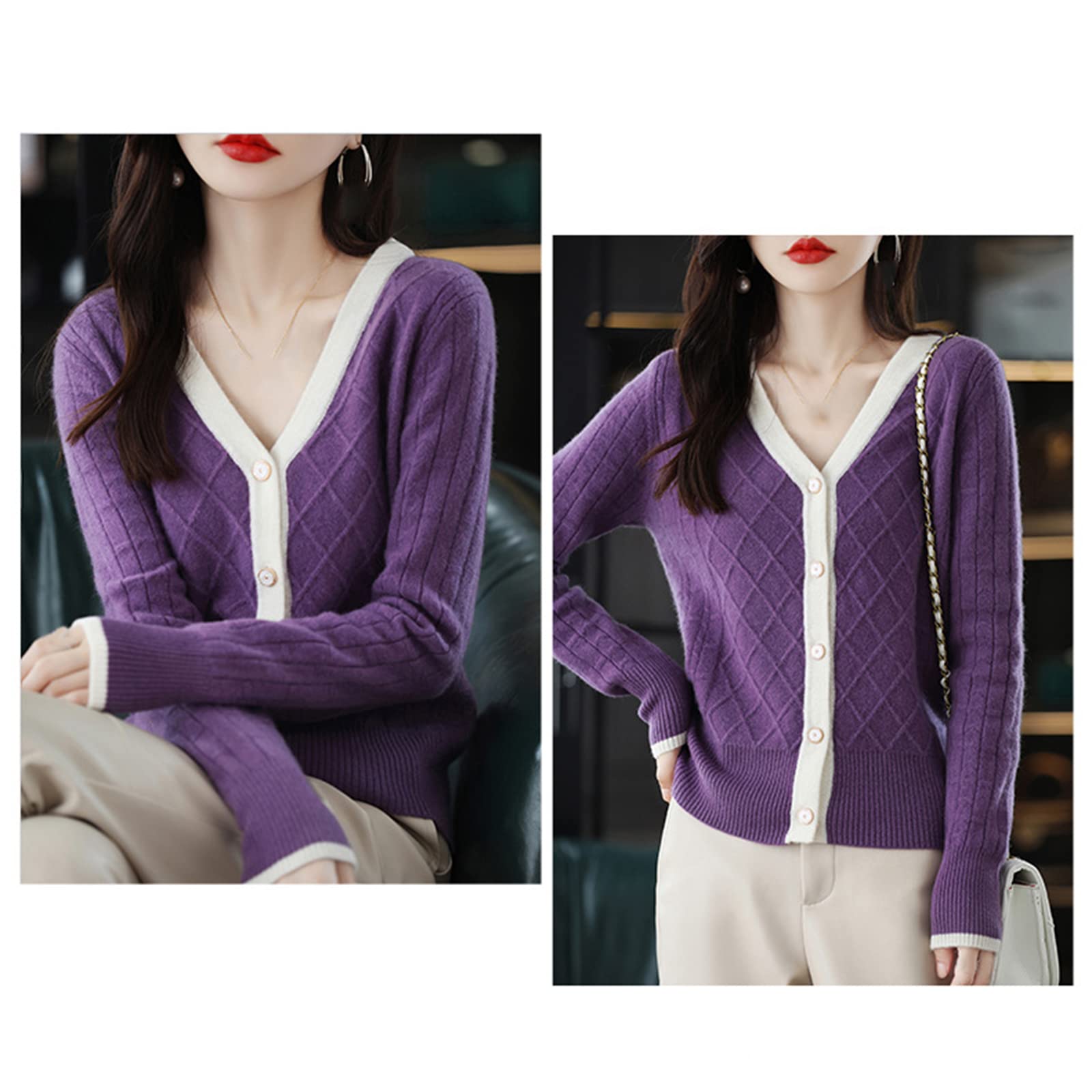 Suéter de Punto para Mujer, Cárdigan 100% de Lana y Cachemira Color sólido Cuello en V Suéter Casual de Punto Otoño e Invierno Sudadera Suelta de Manga Larga Gruesa Top Acanalado Suave y Ligero,Verd