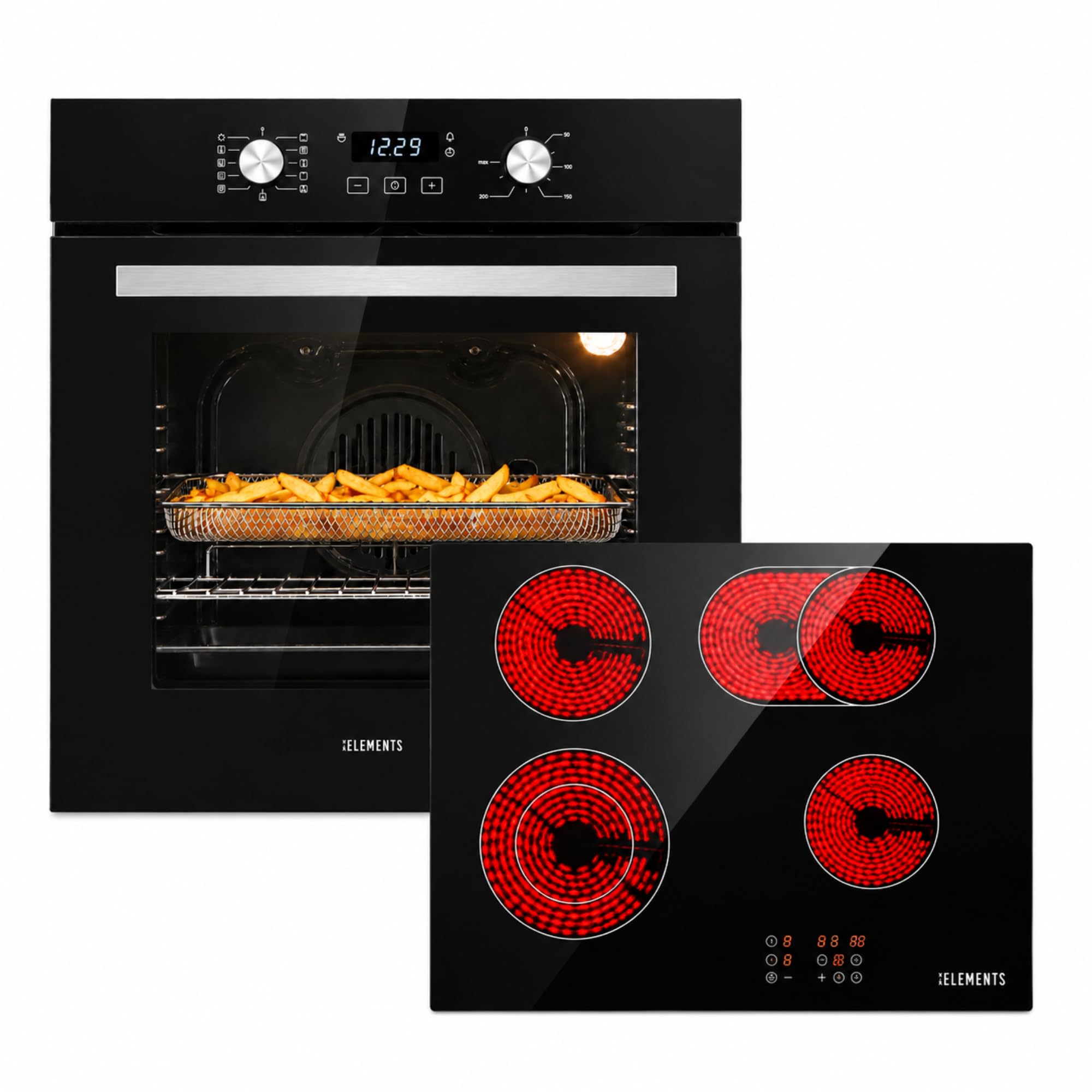 Autarkes Herdset 60 cm – Einbaubackofen mit Air Fry & Steam Clean, Glaskeramik Kochfeld 59 cm mit Flexzone, Dual-Ring Kochzone, Timer, Kindersicherung, 9 Leistungsstufen, A+ Energieklasse