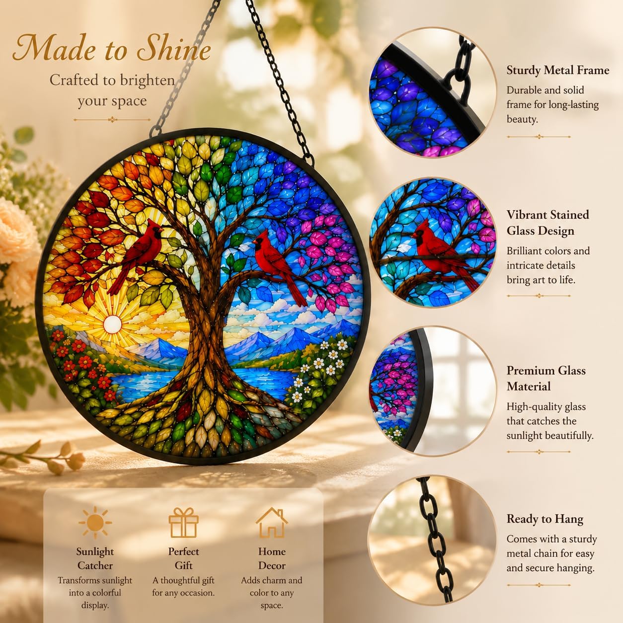 GUANKE Cardinal Tree of Life Textured Glass Suncatcher, 7.9-Inch