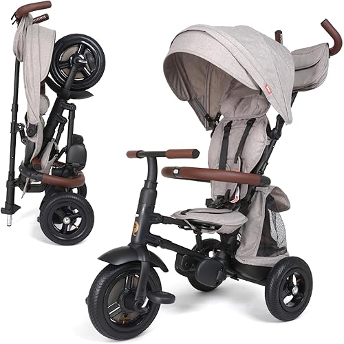 QPlay Rito Tricycle with Easy Folding Design | Portable, Compact, Air-Filled Tires | Parent-Controlled Push Trike for Kids 10 Months to 4+ Years | Premium Edition | Glacier Gray