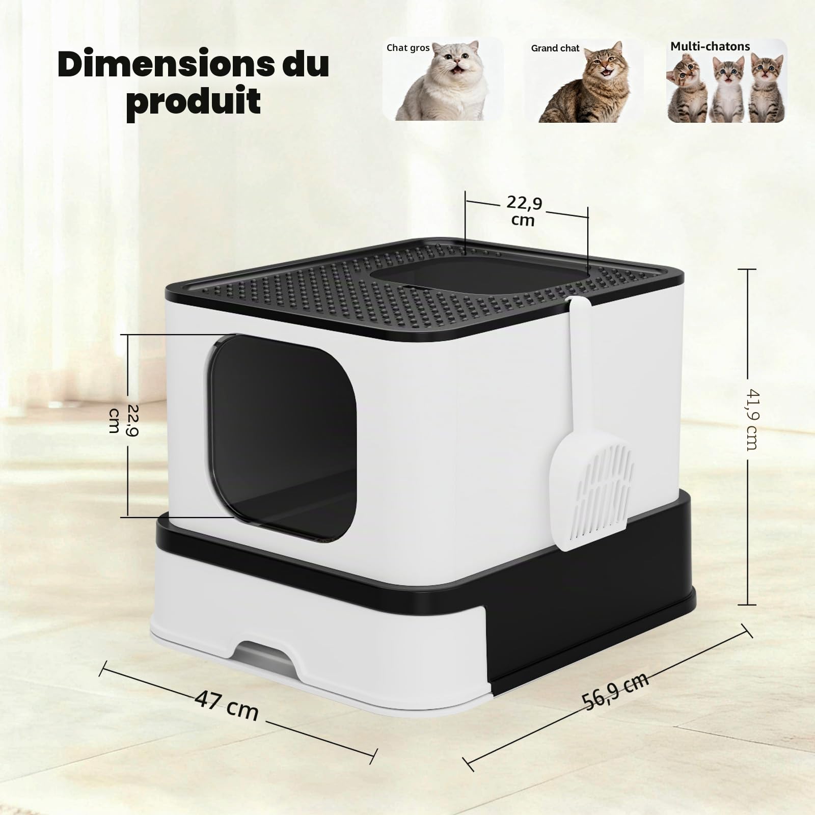 Sfozstra Bac à litière fermé en acier inoxydable : étanche, anti-odeurs et sans odeur, pour plusieurs chats, format extra-large – Idéal pour la salle de bain, l'appartement ou le balcon, couleur noire