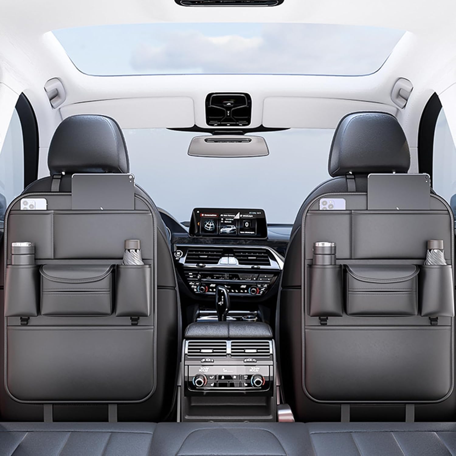 Organizador Asiento Coche, Protector Asiento Coche, Organizador Coche con Protector de Patadas, Portavasos, Portapañuelos y Ganchos para Coches, SUV o Furgonetas