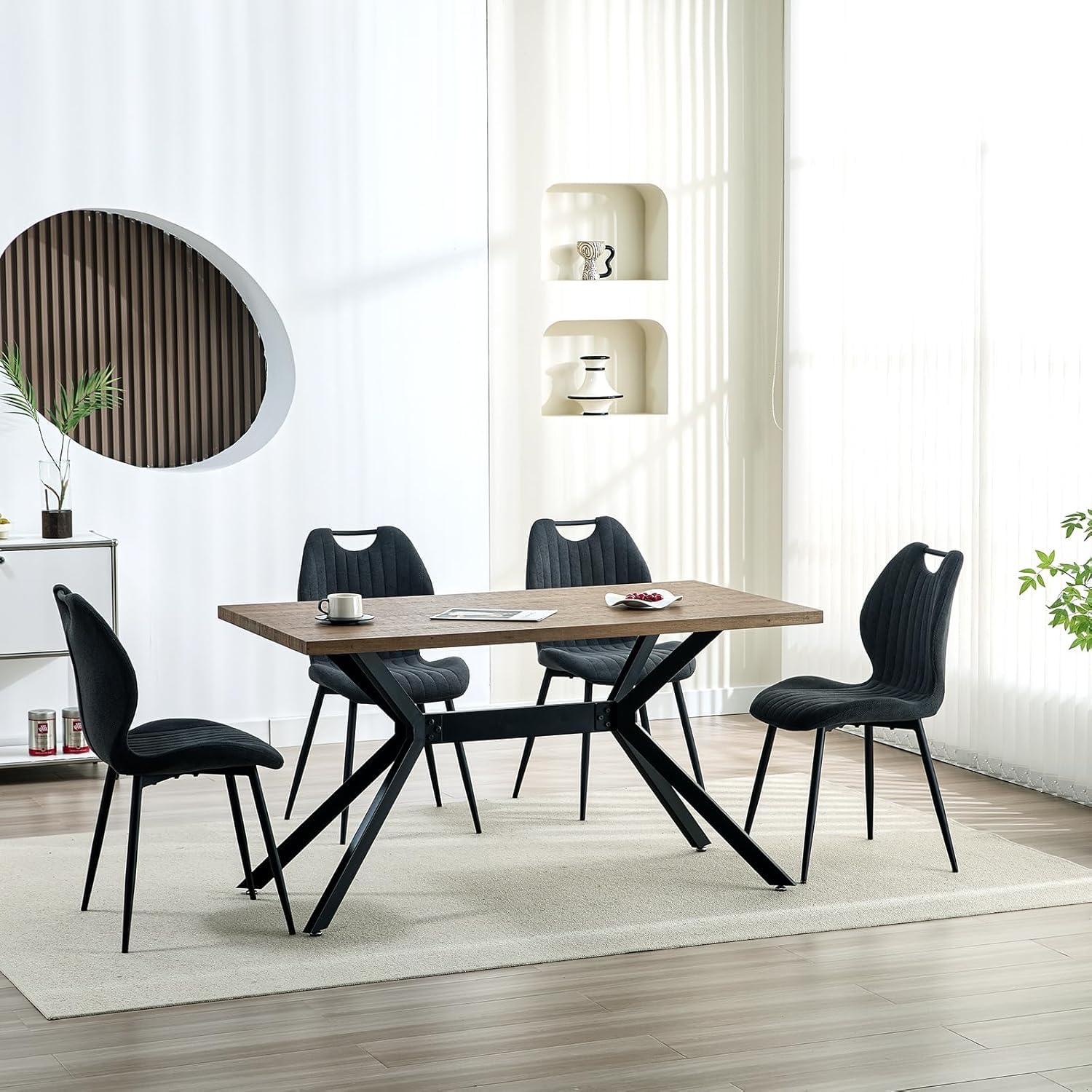 LEWE Esszimmergruppe Esstisch mit 4 Stühlen, 140 x 80 x 76 cm Rechteckig Esstisch aus Holz mit 4 Esszimmerstühle mit Hohe Rückenlehne, Schwarz Eisenbeine, für Küche Esszimmer und Wohnzimmer