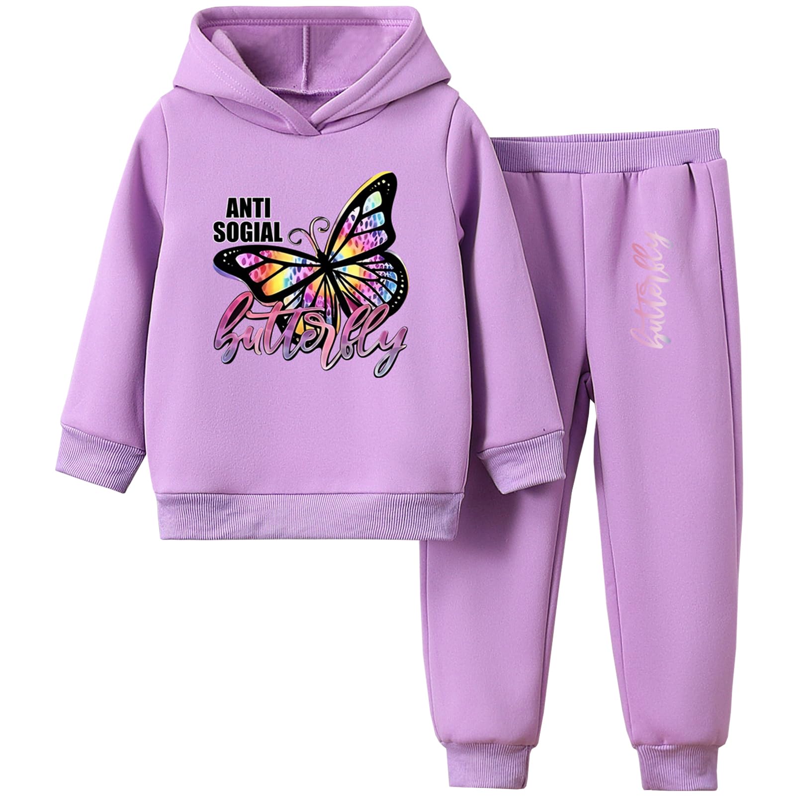 Survêtement Enfant Fille Imprimé de Papillon Ensemble de Sport 2pcs Sweatshirt à Capuche + Pantalons Costume jogging