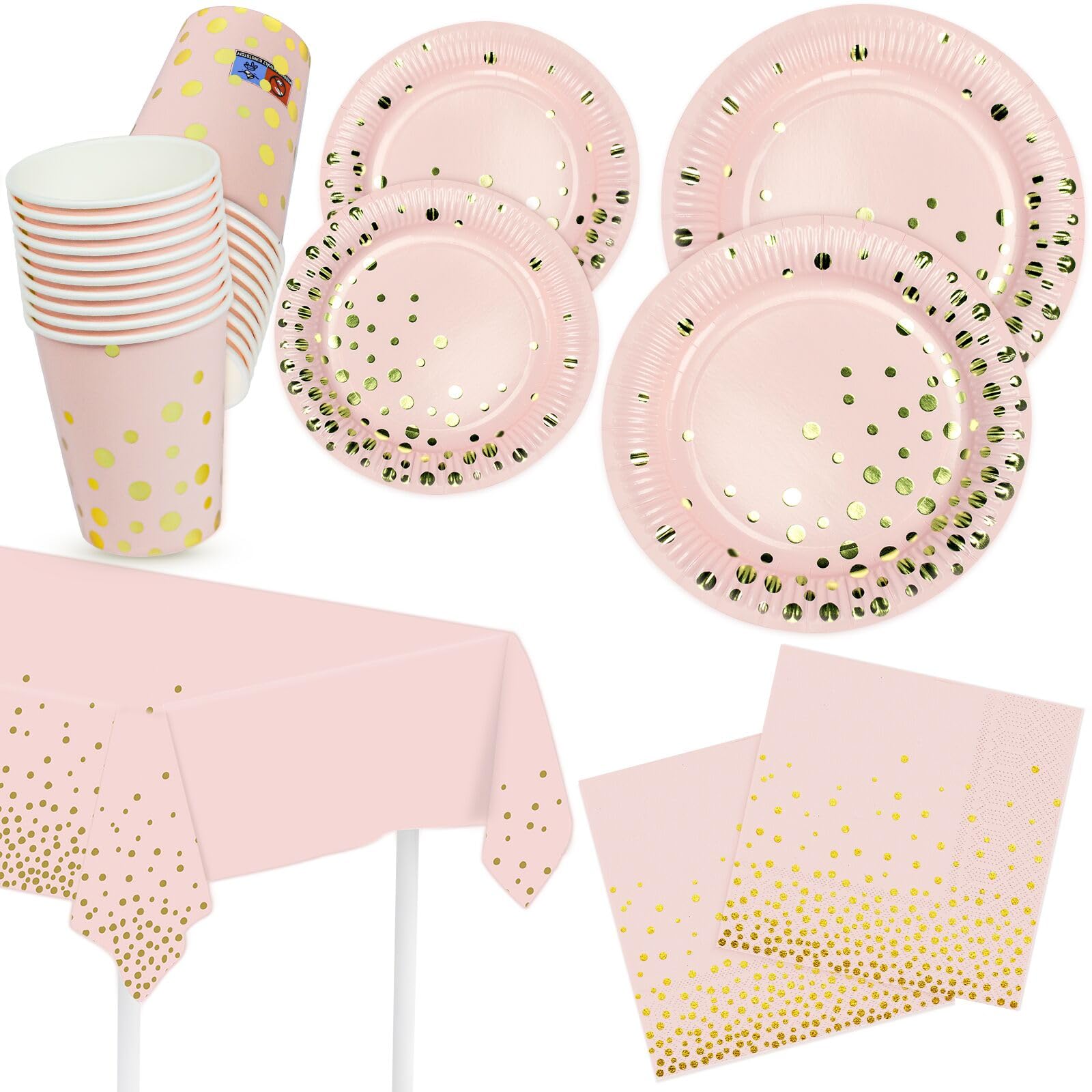 HNH Pink Gold Party Paper Plates, Napkins, Dessert Plates, Paper Cups Set for 20 People Birthday, Graduation, Wedding — image 1