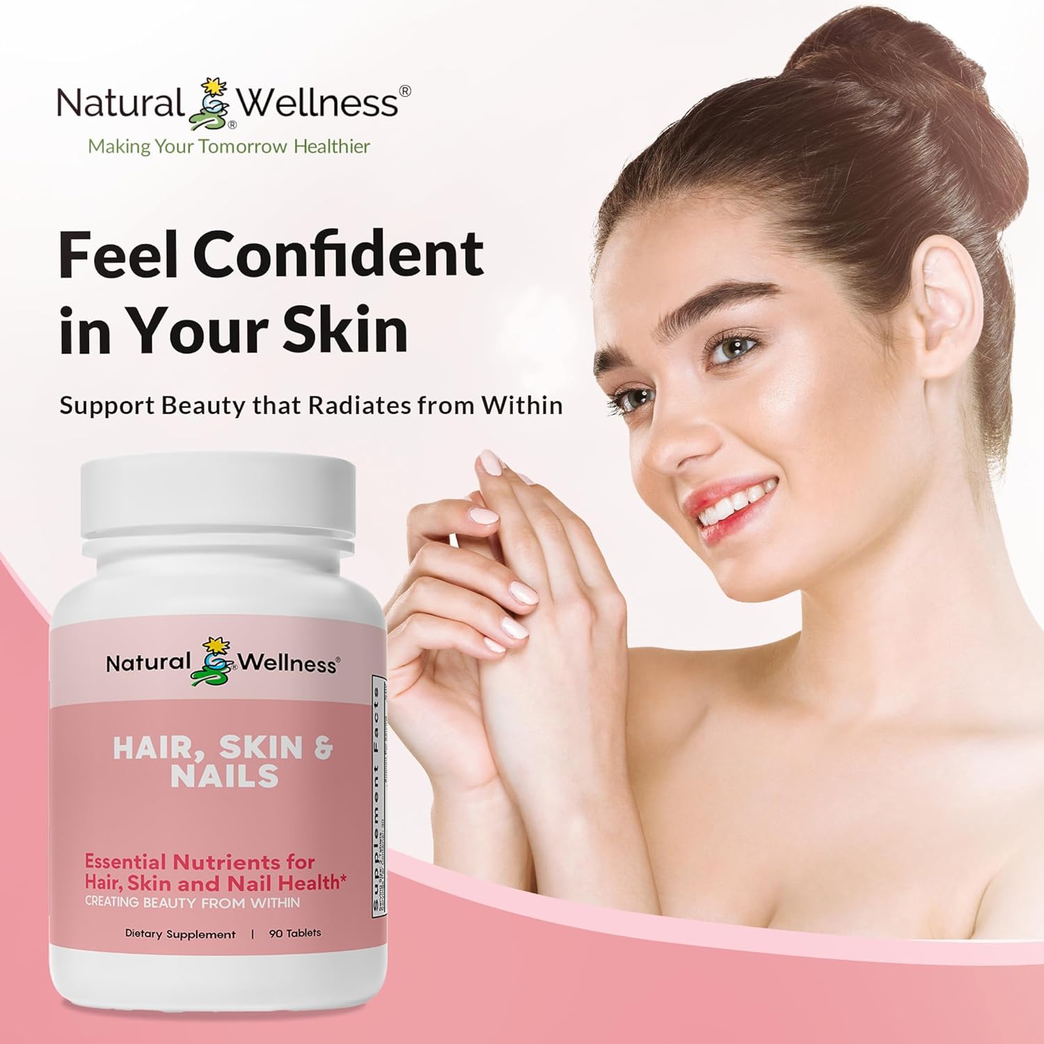 Natural Wellness Hair, Skin & Nails Supplement – Biotin Hair Growth Vitamins, Essential Minerals & Antioxidants – Supports Healthy Hair Growth, Strong Nails & Glowing Skin – 90 Tablets, 1 Month Supply