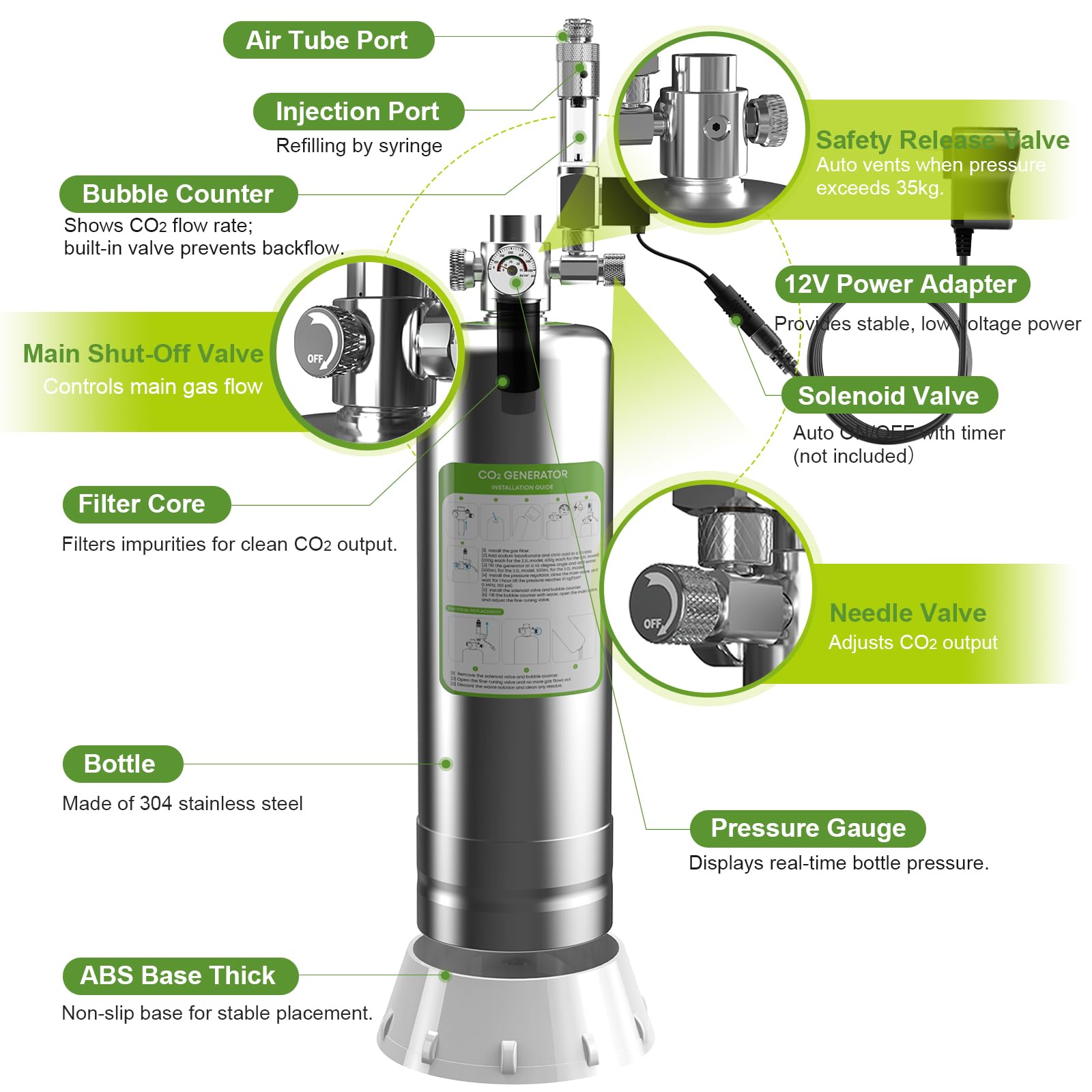 FZONE Upgraded 2.5L Generatore CO₂ Acquario Kit Sistema CO₂ Acquario | Aquarium CO2 Generato con regolatore e valvola ad ago per Acquario Piante Serbatoi (with solenoid)