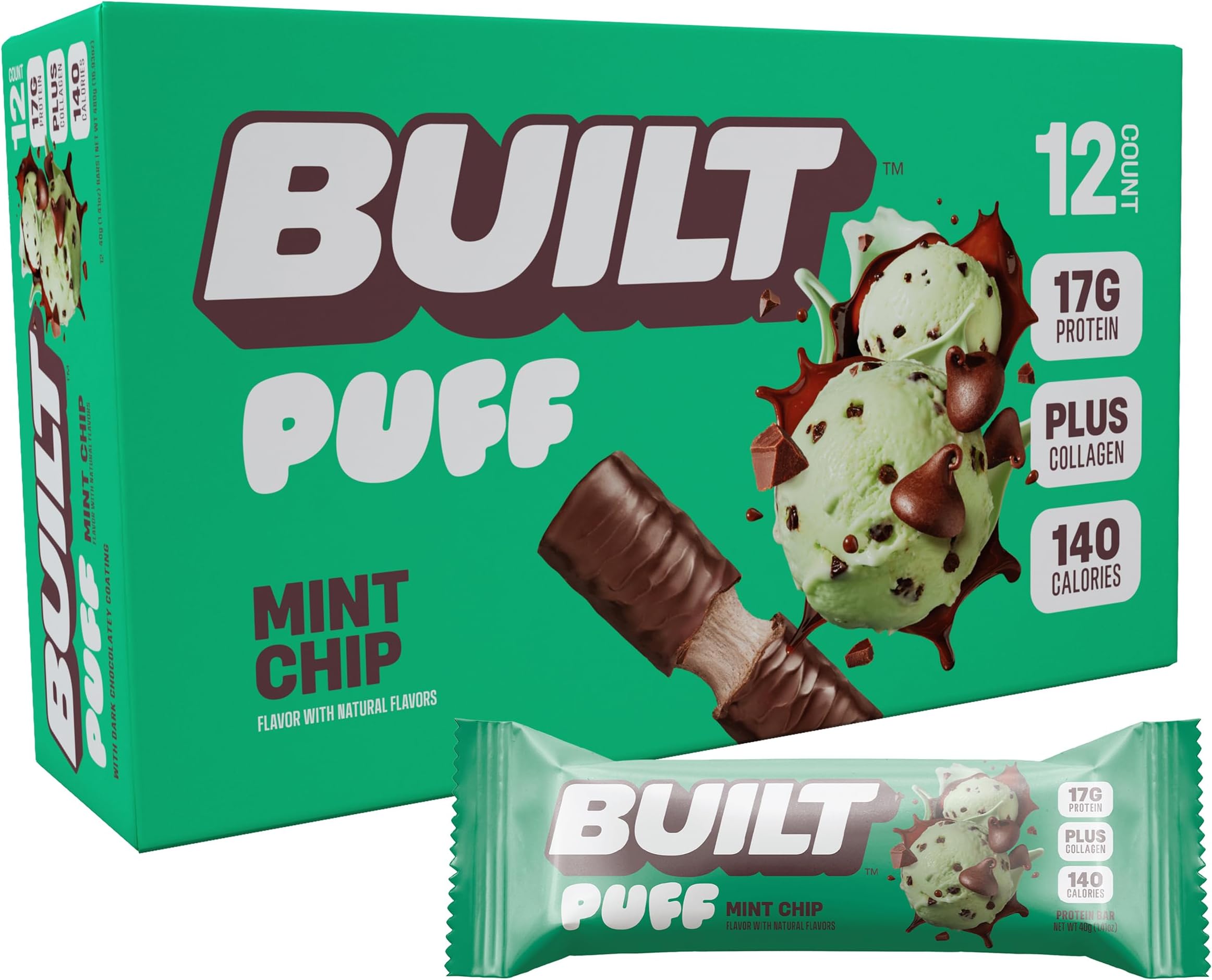 Built Bar, Puff Protein Bars, Mint Chip Puff, 17g Protein Snacks, On-The-Go Bars, Only 140 Calories, 6g Sugar, Collagen, Gluten Free, 12 Count