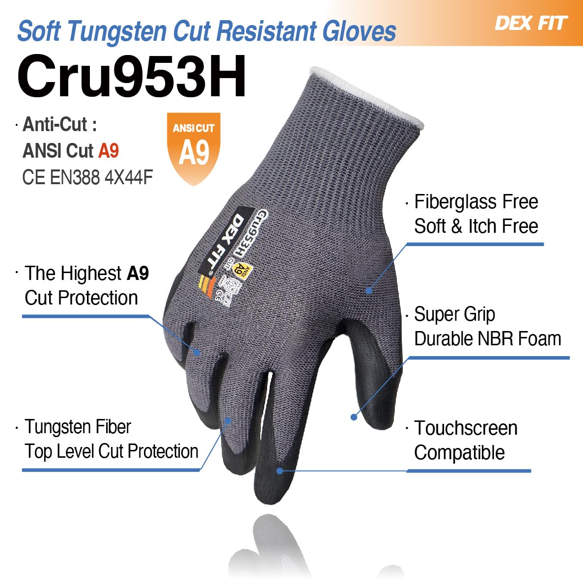 DEX FIT Cru953H Level A9 Cut Resistant Gloves, Fiberglass-Free, Power Grip Foam Nitrile, 3D Comfort Fit, Touchscreen - Image 2